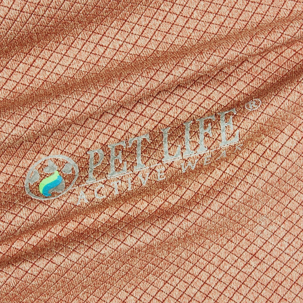Tan anti-odor dog polo shirt, textured knit with embroidered logo on chest.