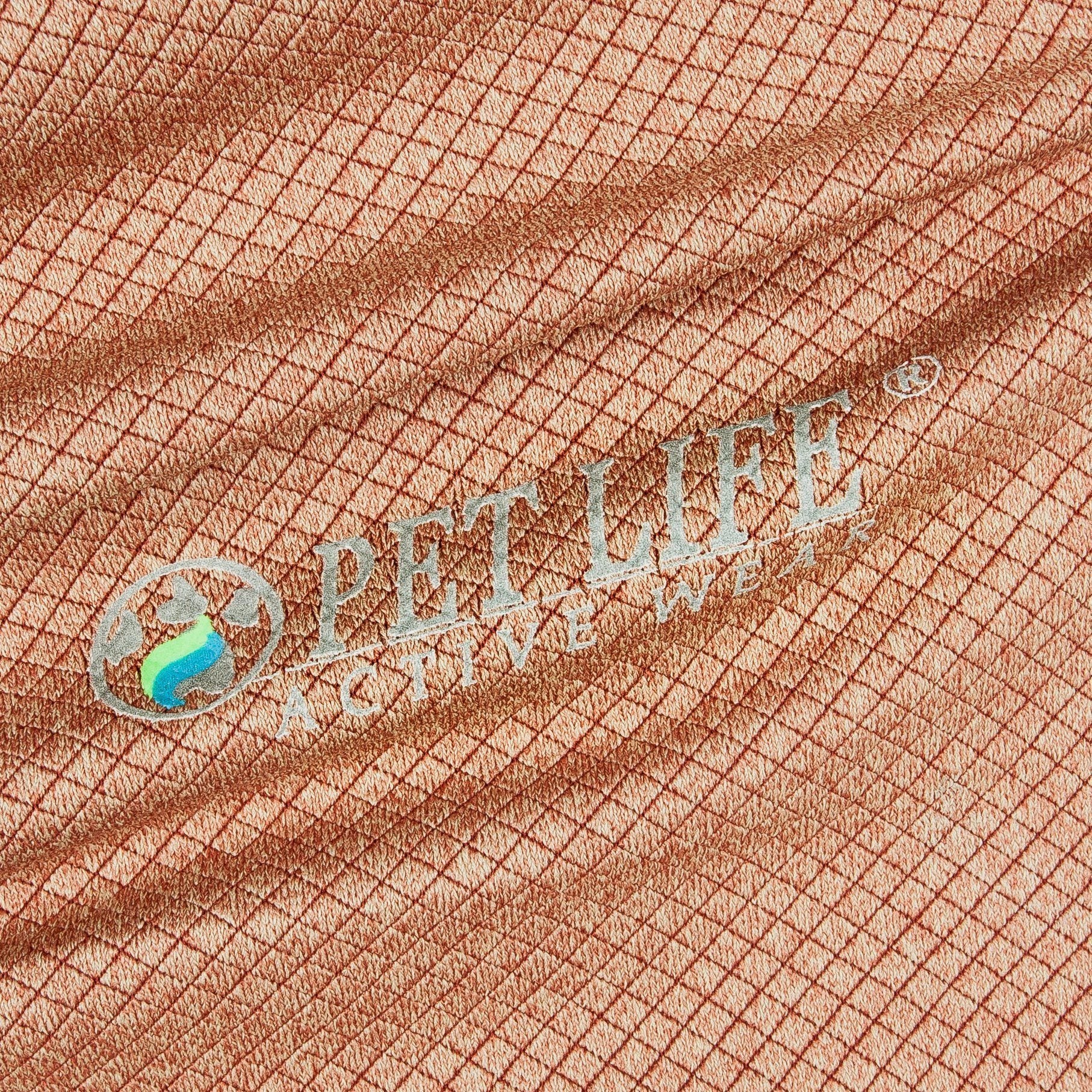 Tan anti-odor dog polo shirt, textured knit with embroidered logo on chest.