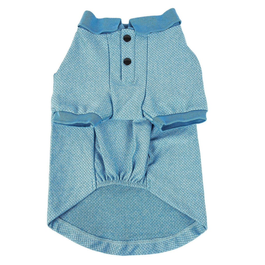 Light blue dog polo-style back view with snap placket, mesh texture, curved hem