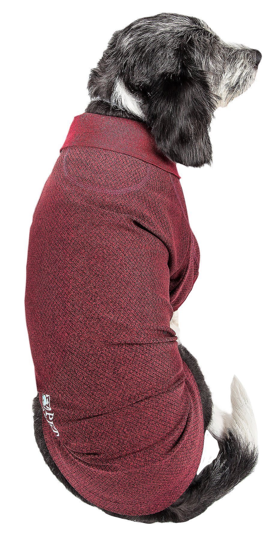 Burgundy dog polo-style fitness shirt, stretch knit with curved back and logo tab