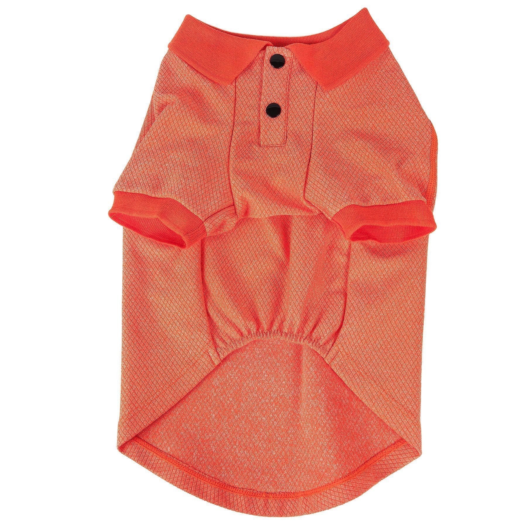 Orange dog polo-style back view with mesh texture, snap placket, and curved hem