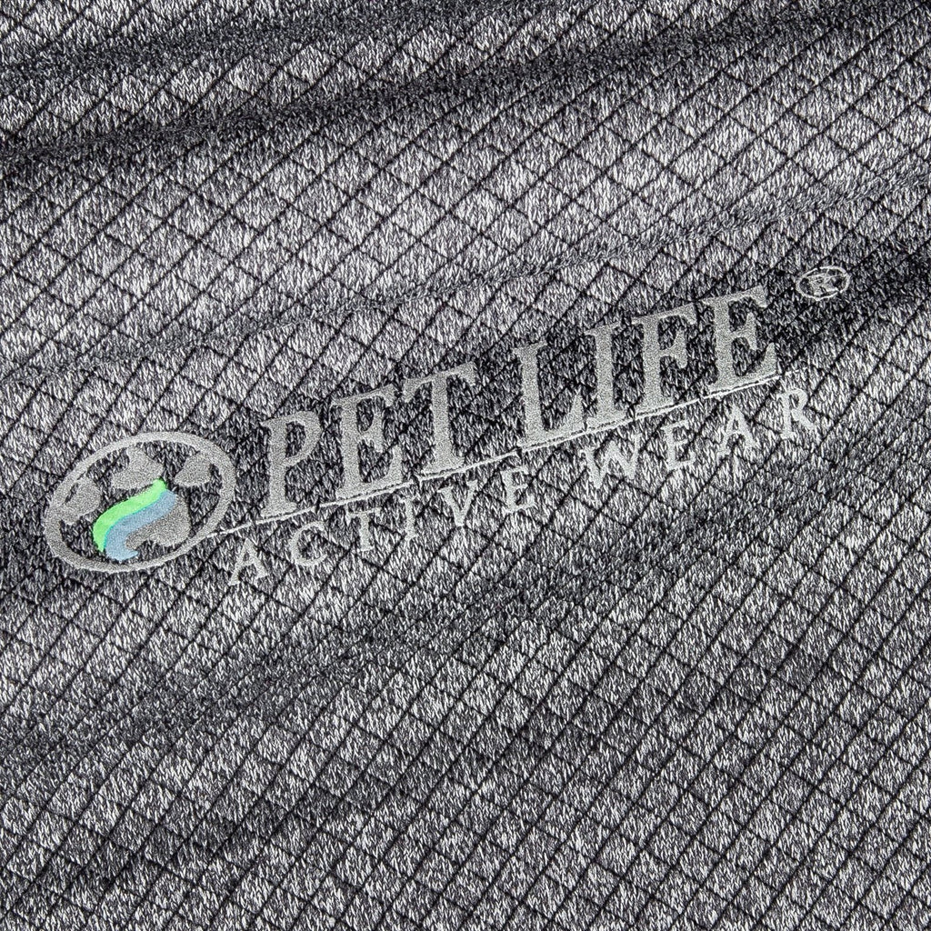 Gray anti-odor dog polo shirt, textured knit with small buttons and embroidered logo.