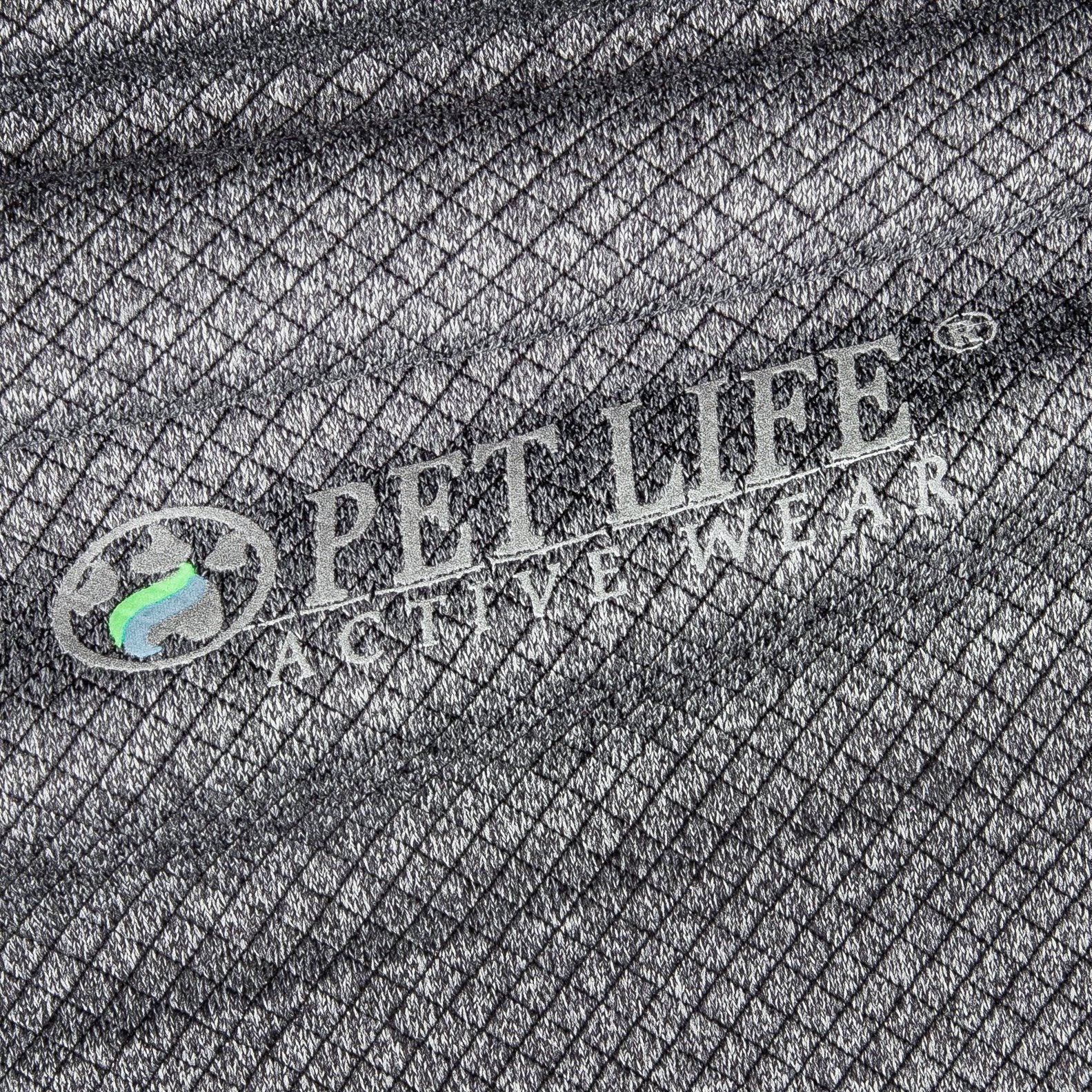 Gray anti-odor dog polo shirt, textured knit with small buttons and embroidered logo.