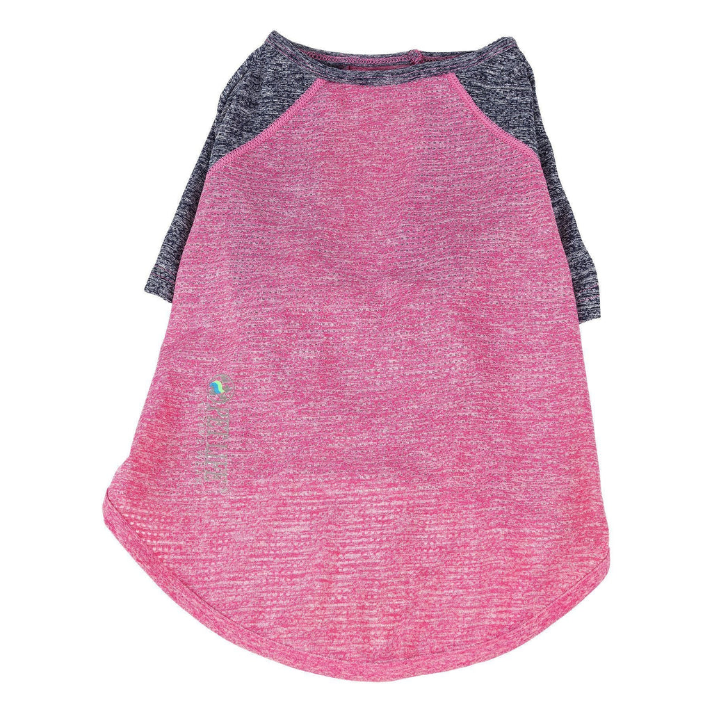 Dog performance T-shirt, pink heather body with dark navy raglan sleeves and small logo
