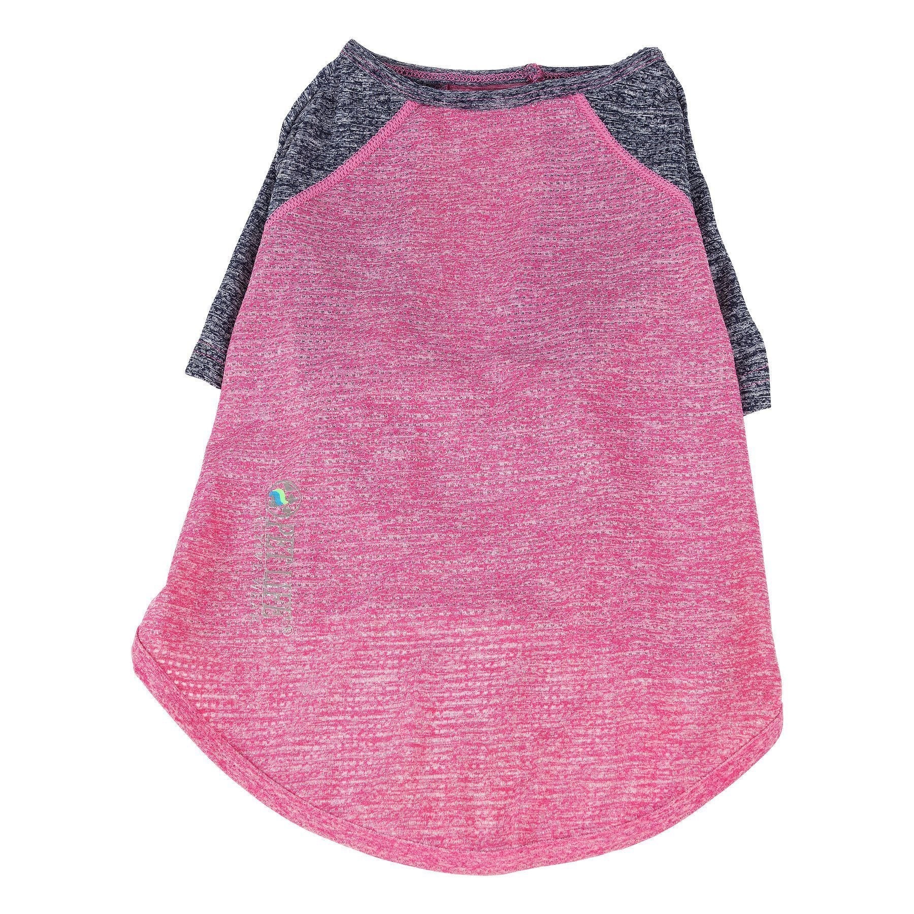 Dog performance T-shirt, pink heather body with dark navy raglan sleeves and small logo
