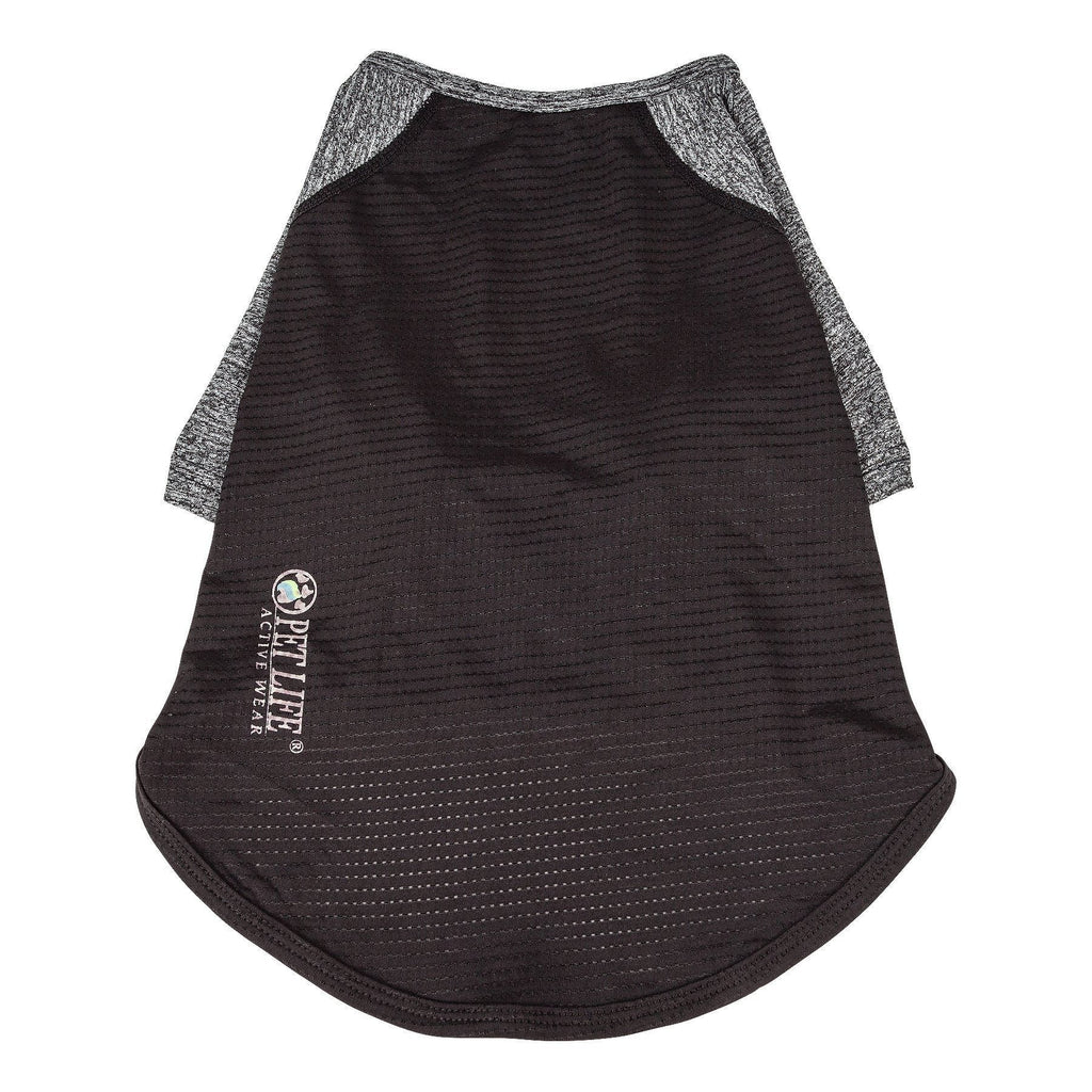 Black heather dog performance t-shirt with gray raglan sleeves logo