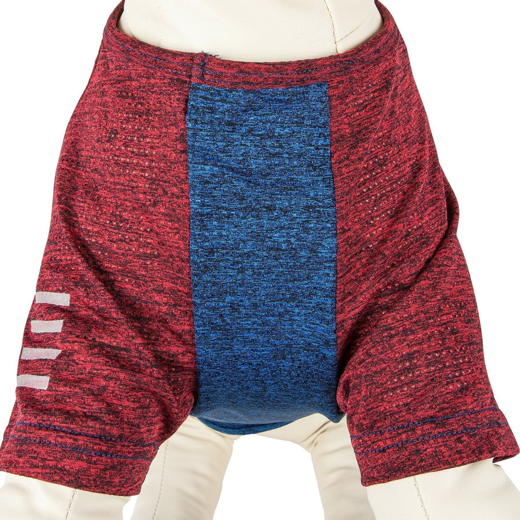 Red heather dog performance T-shirt with blue inner panel and striped sleeve logo accents