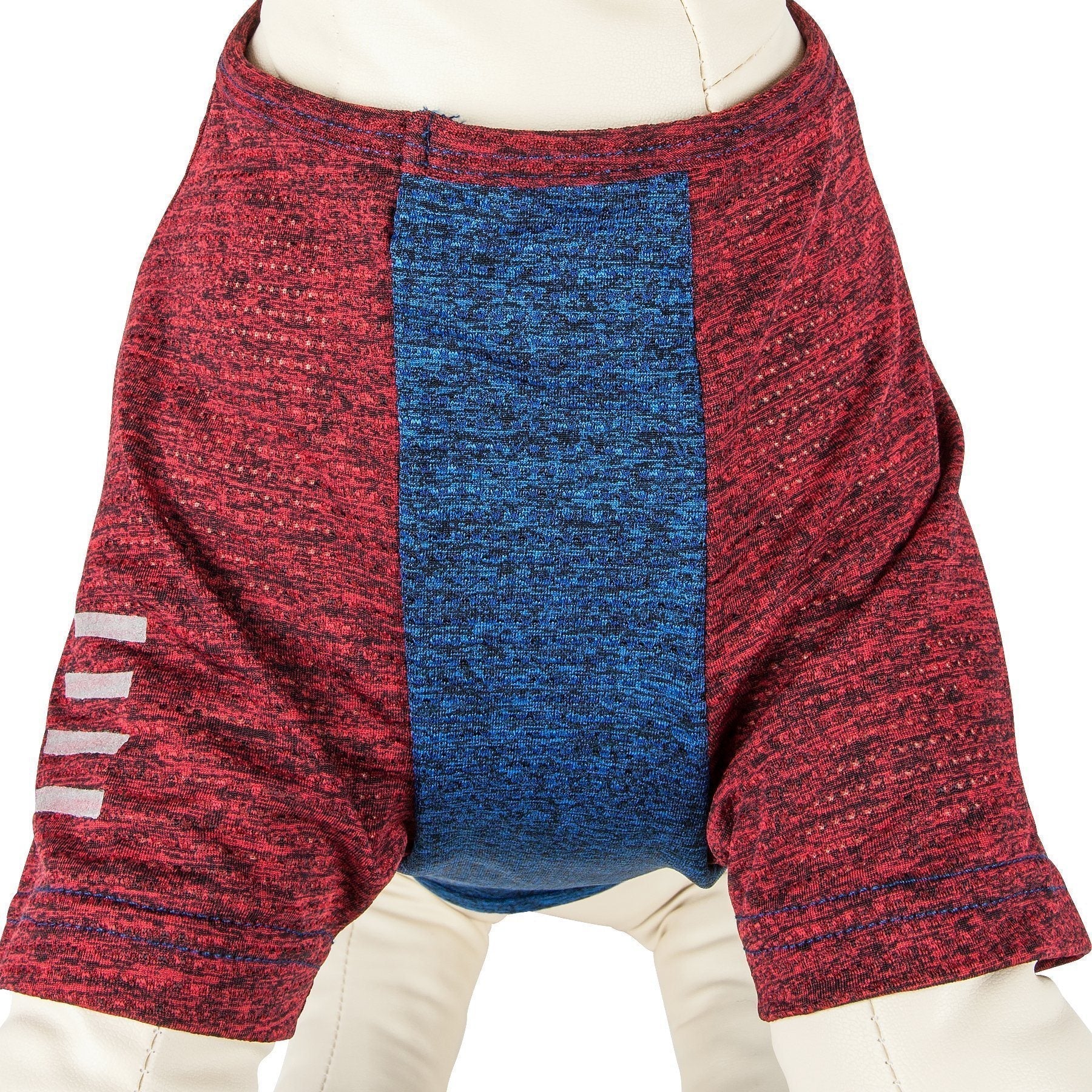 Red heather dog performance T-shirt with blue inner panel and striped sleeve logo accents