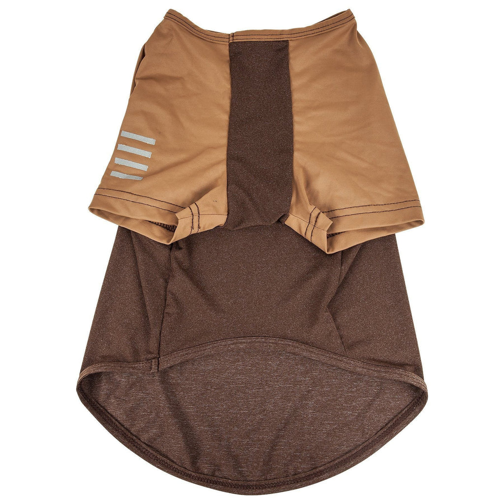 Dog performance T-shirt, tan sleeves with brown center panel and open-back design