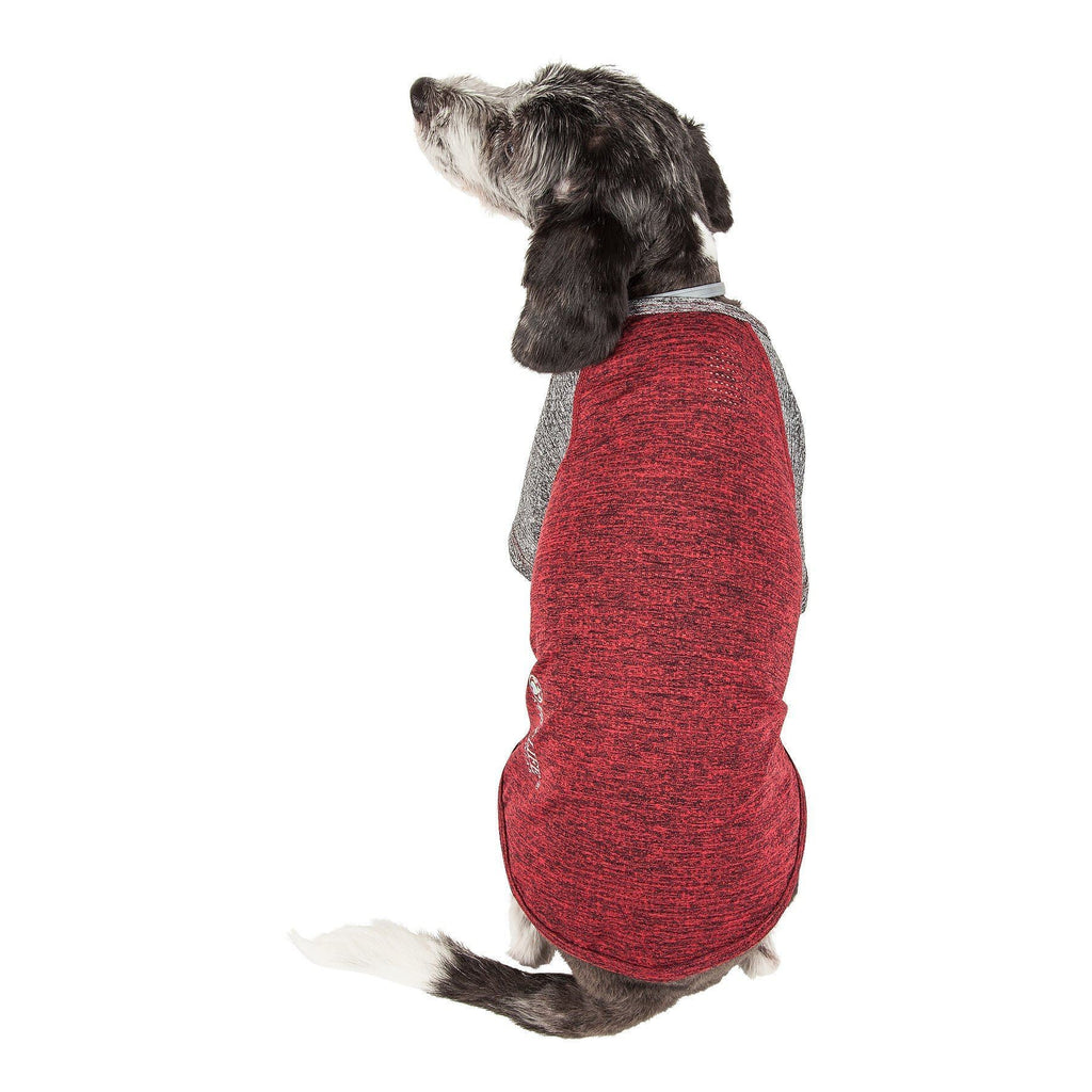 Maroon heather dog active T-shirt with gray inner panel and striped sleeve logo accents
