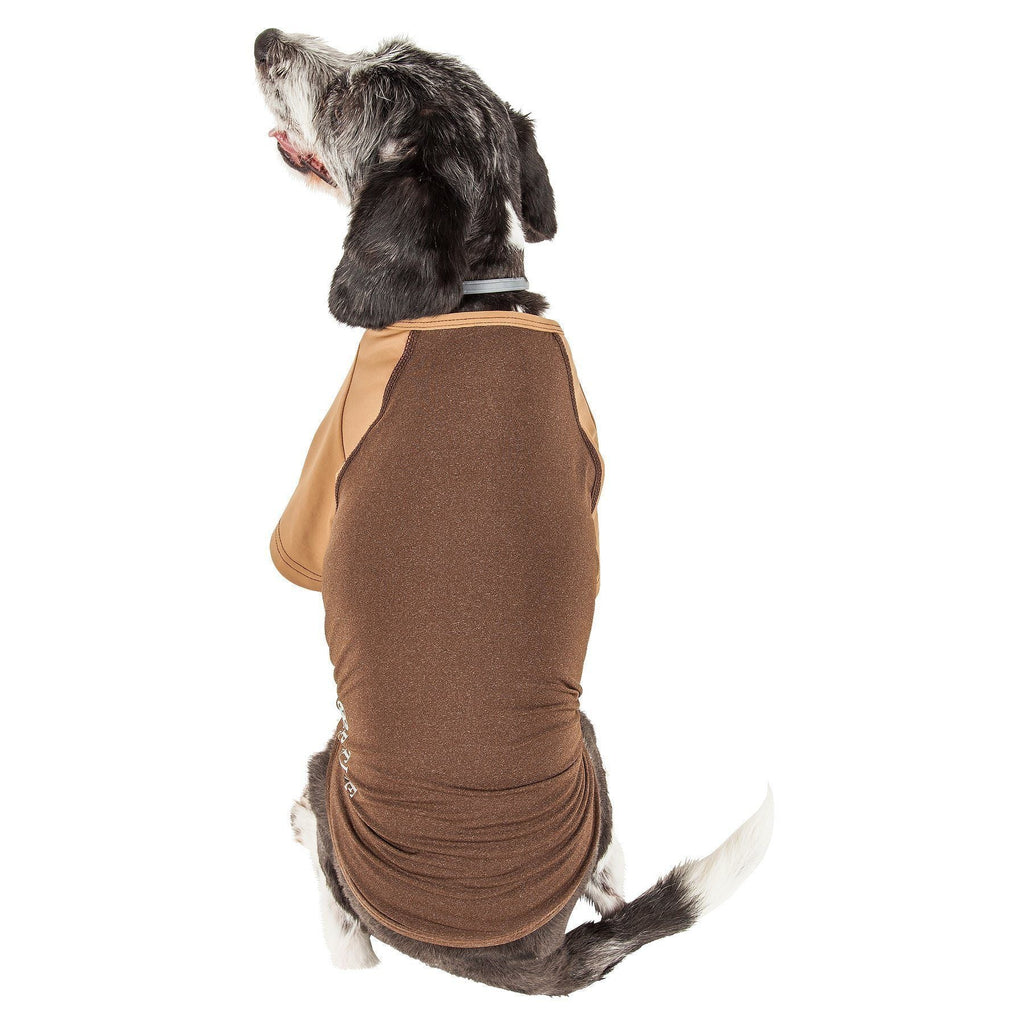 Brown heather dog performance T-shirt with darker center panel and striped sleeve logo accents