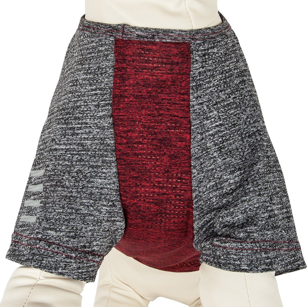 Gray heather dog fitness T-shirt with maroon center panel and striped sleeve logo accents