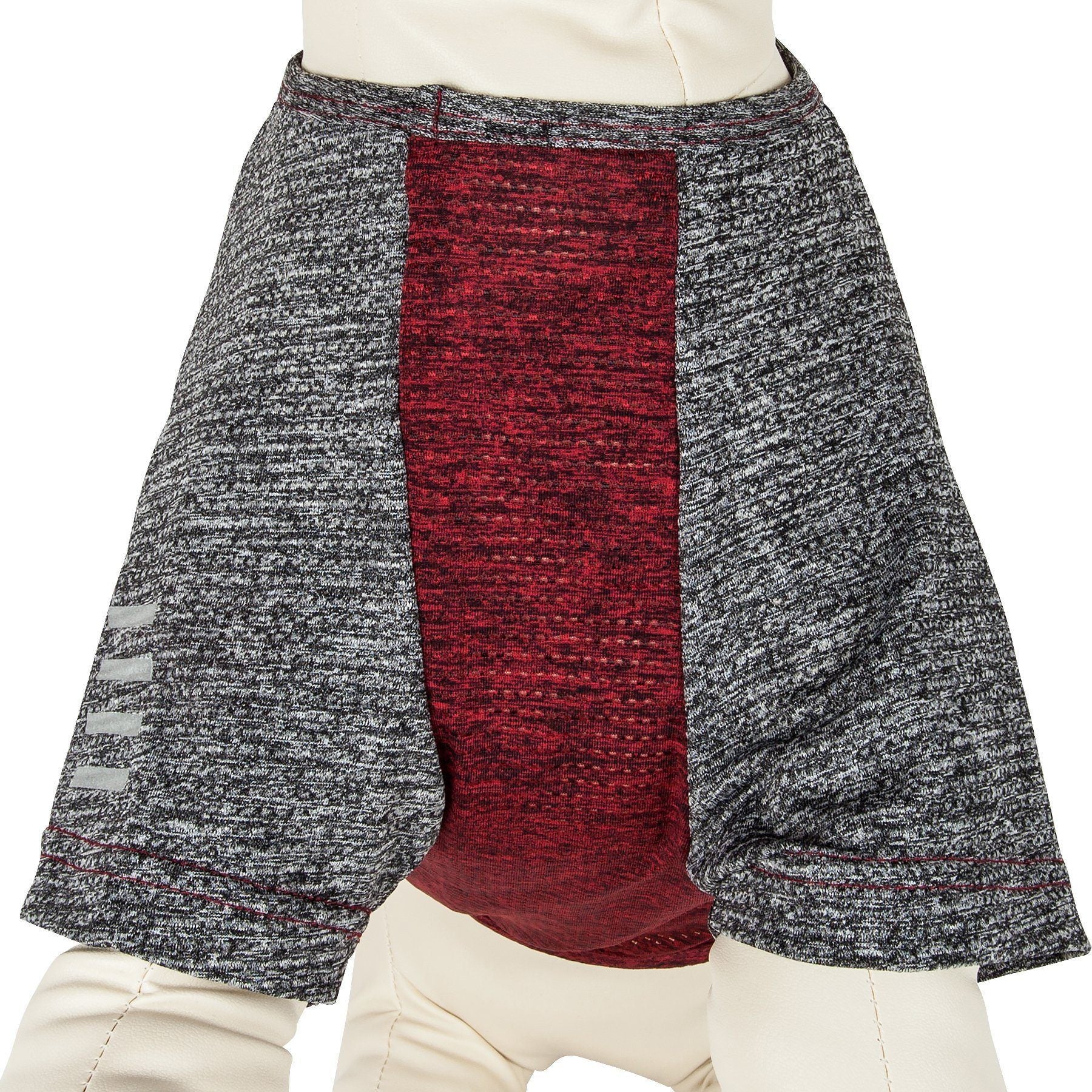 Gray heather dog fitness T-shirt with maroon center panel and striped sleeve logo accents