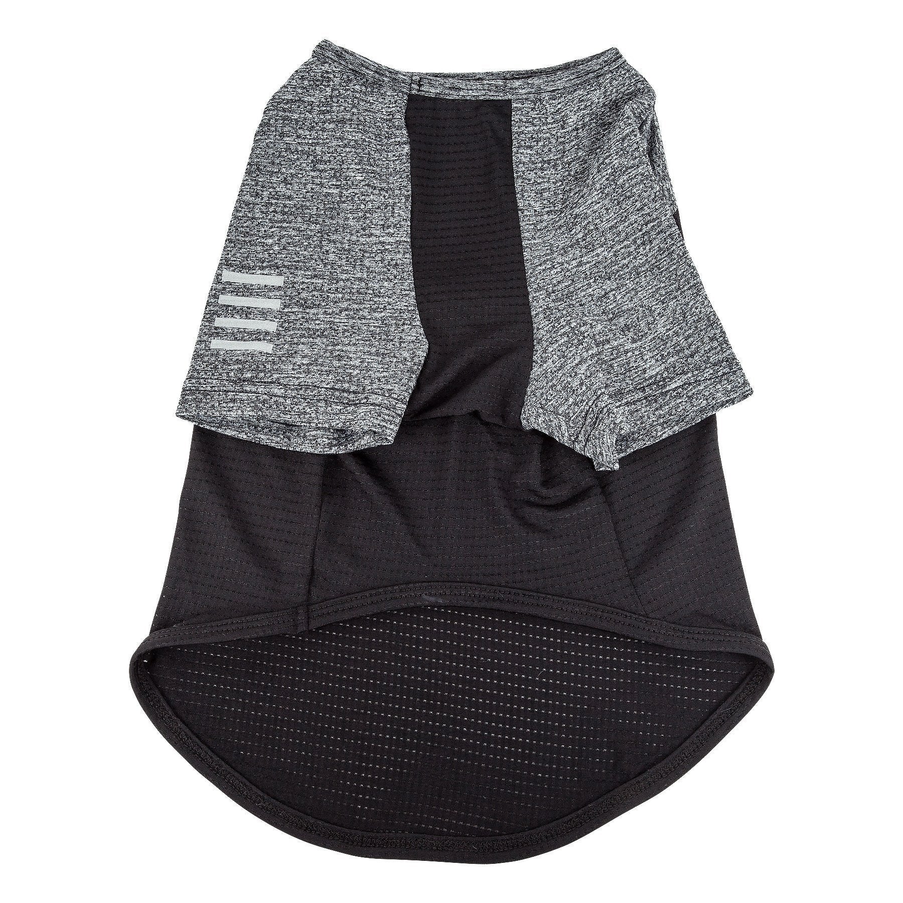 Dog fitness T-shirt, black/gray two-tone heather knit with open back and logo stripe