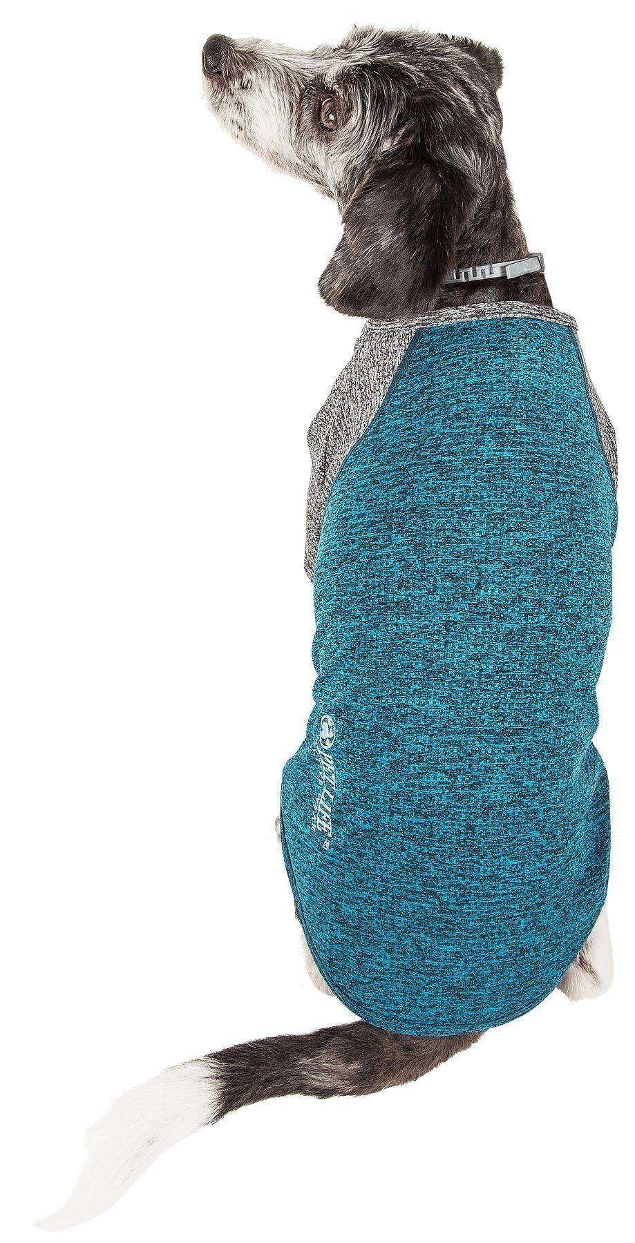 Teal heather dog performance T-shirt with darker panel and small striped sleeve logo