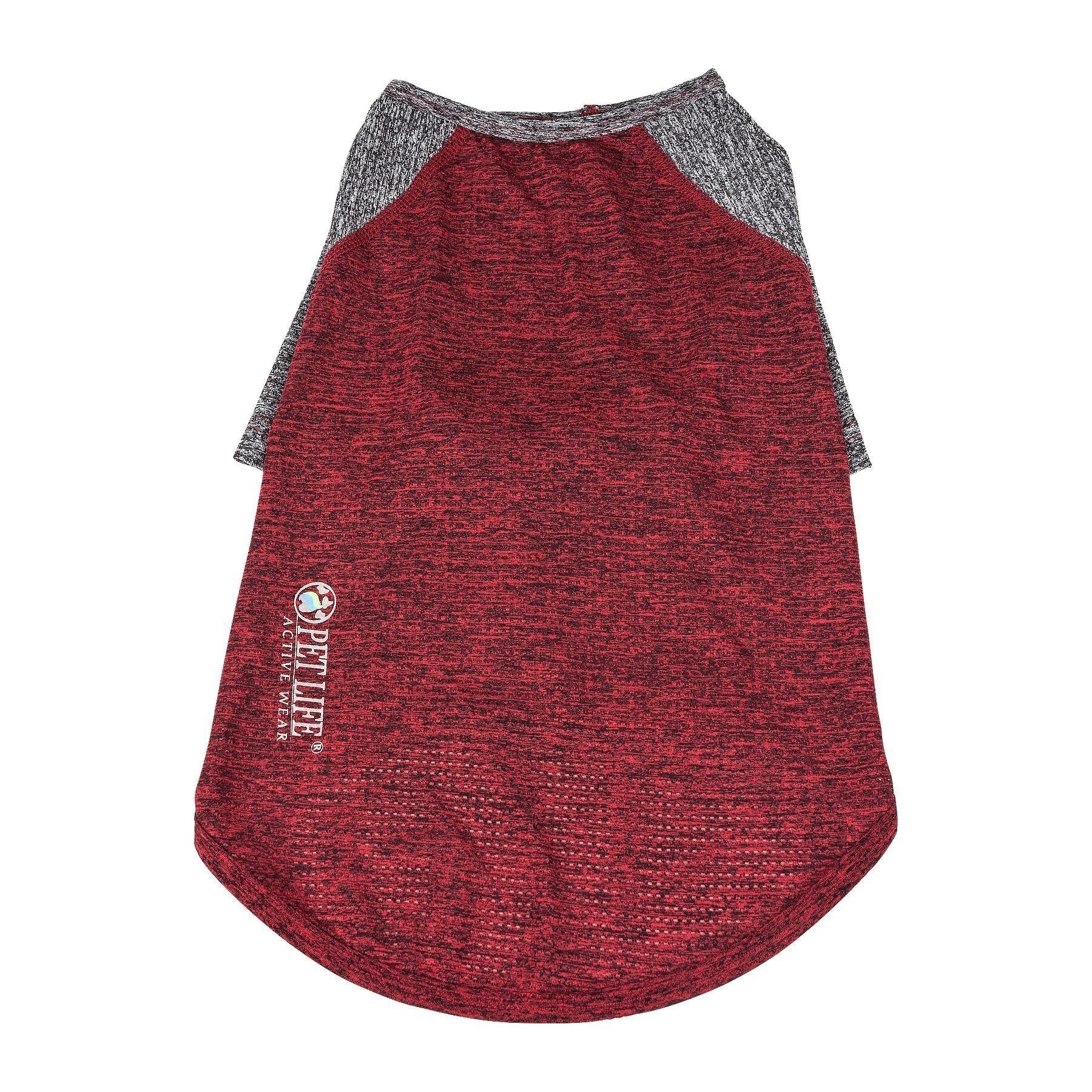 Dog active T-shirt, maroon heather body with gray raglan sleeves and side logo
