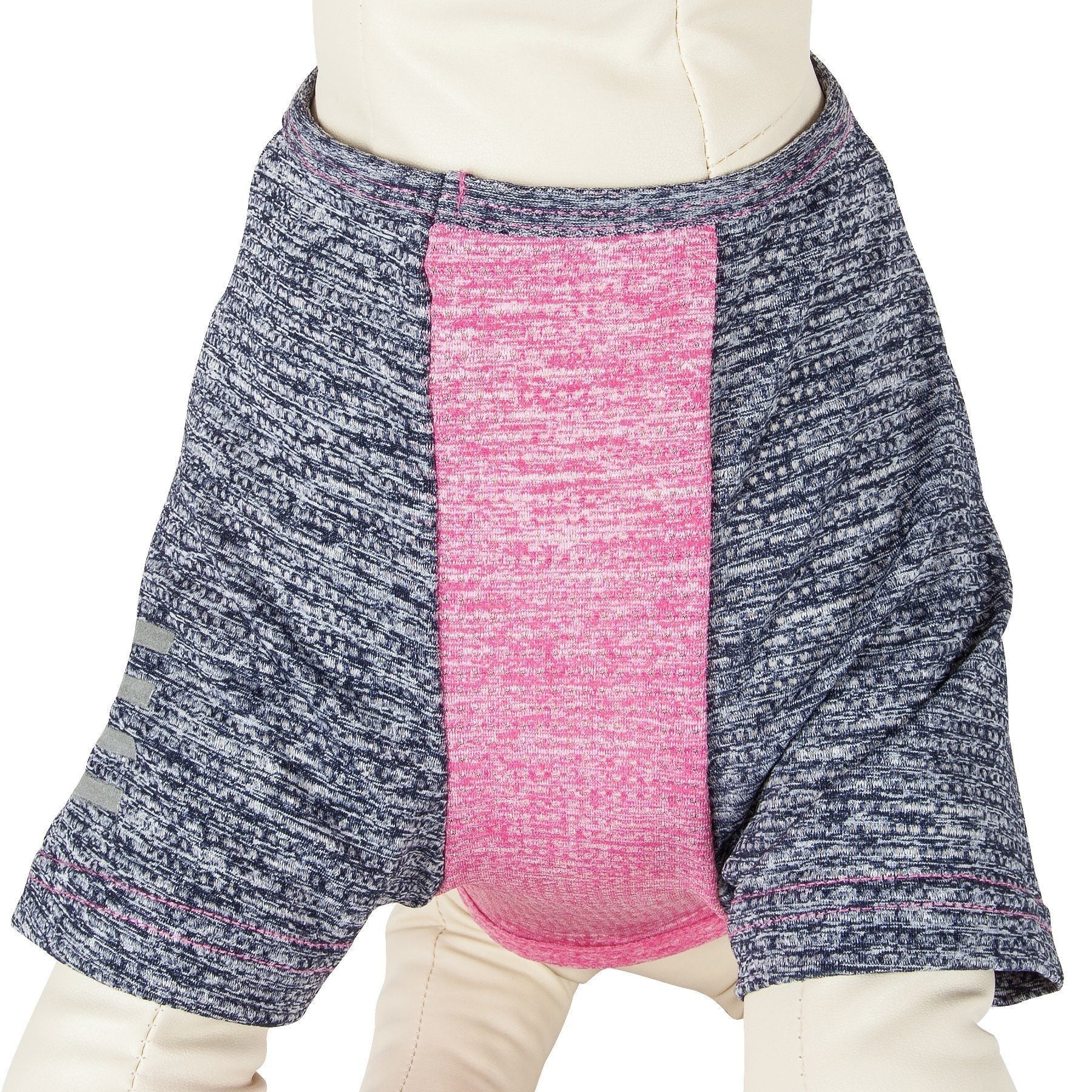 Navy heather dog active T-shirt with pink center panel and striped sleeve logo accents