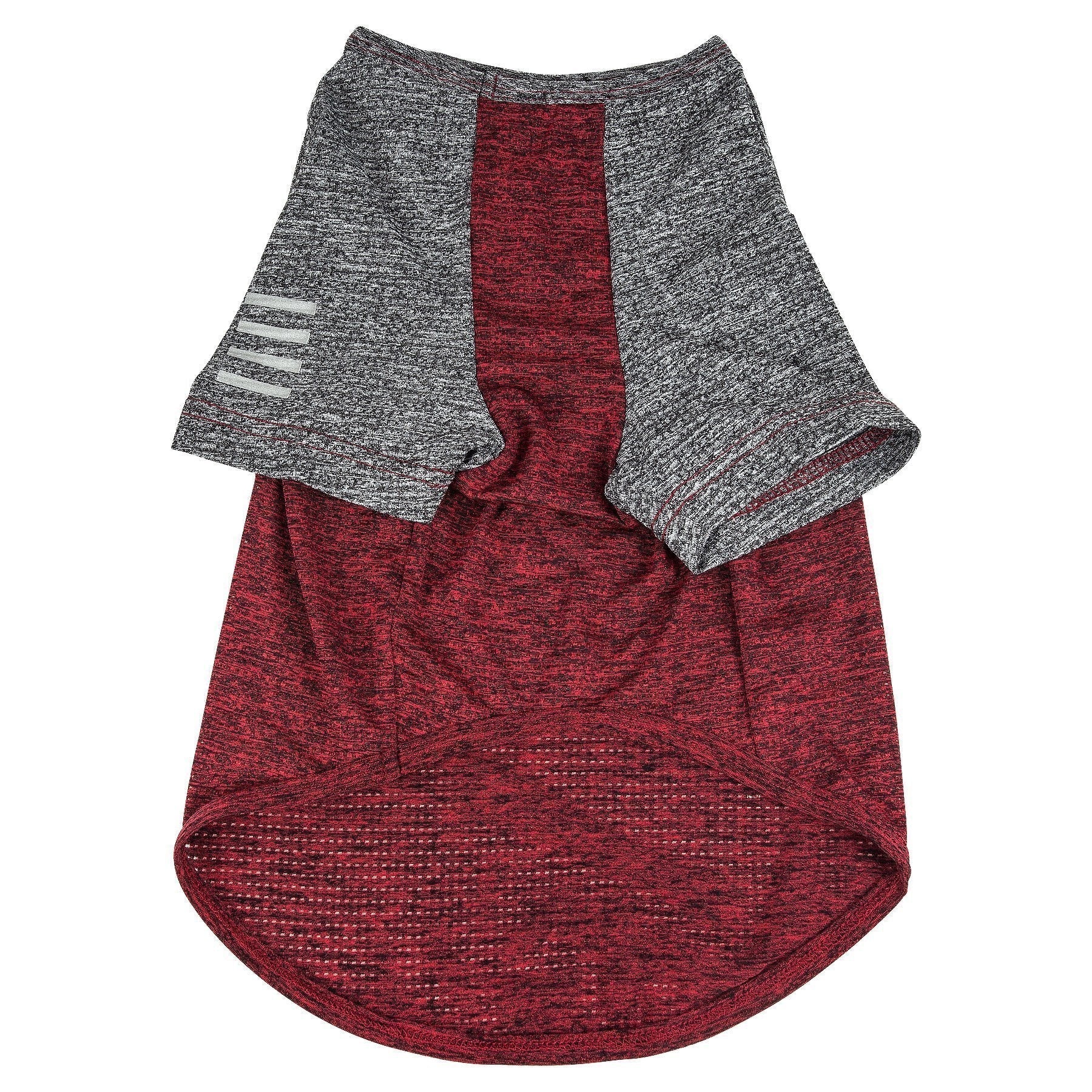 Dog fitness T-shirt, gray sleeves with maroon center stripe and open-back panel