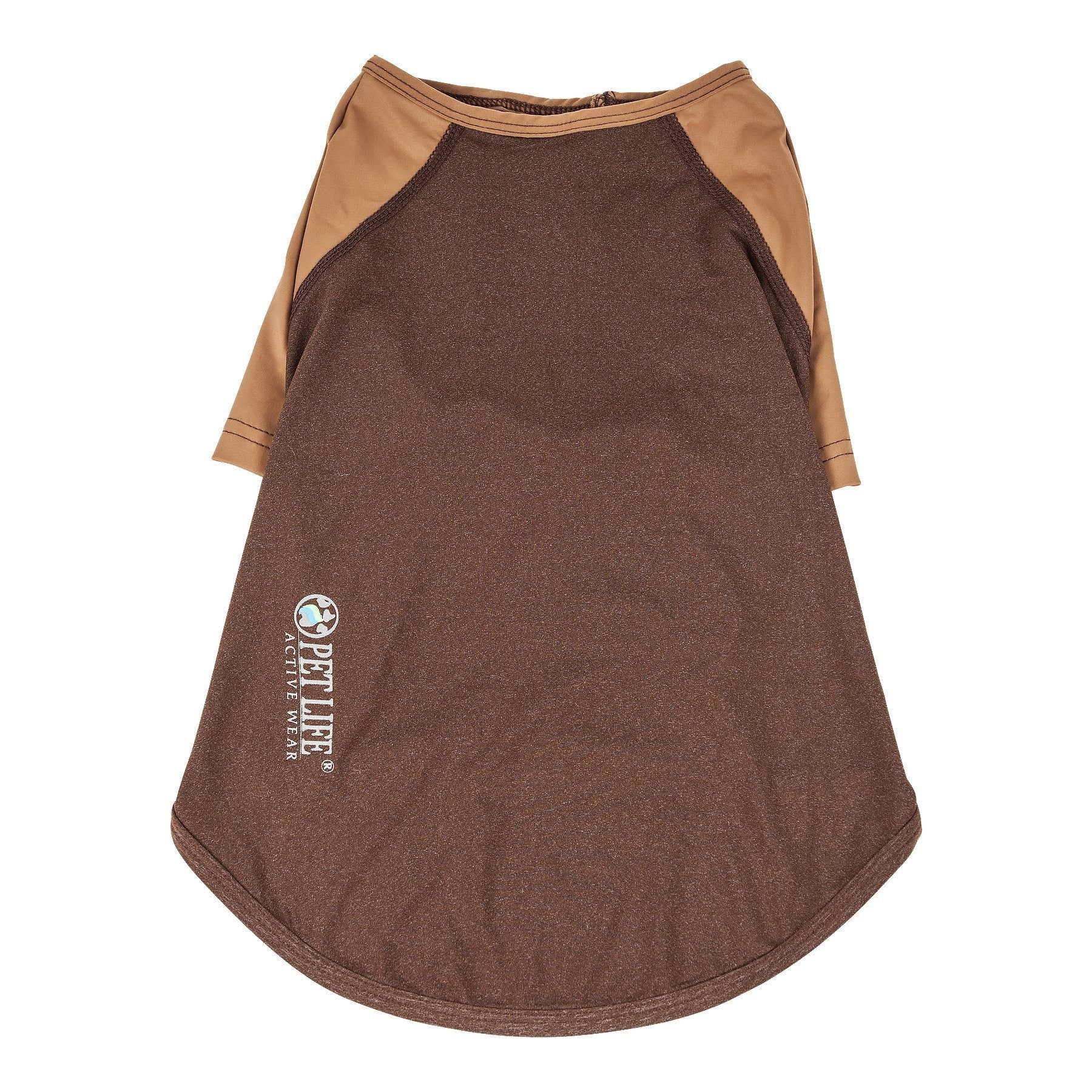 Dog stretch T-shirt, brown heather body with tan sleeves and small left logo