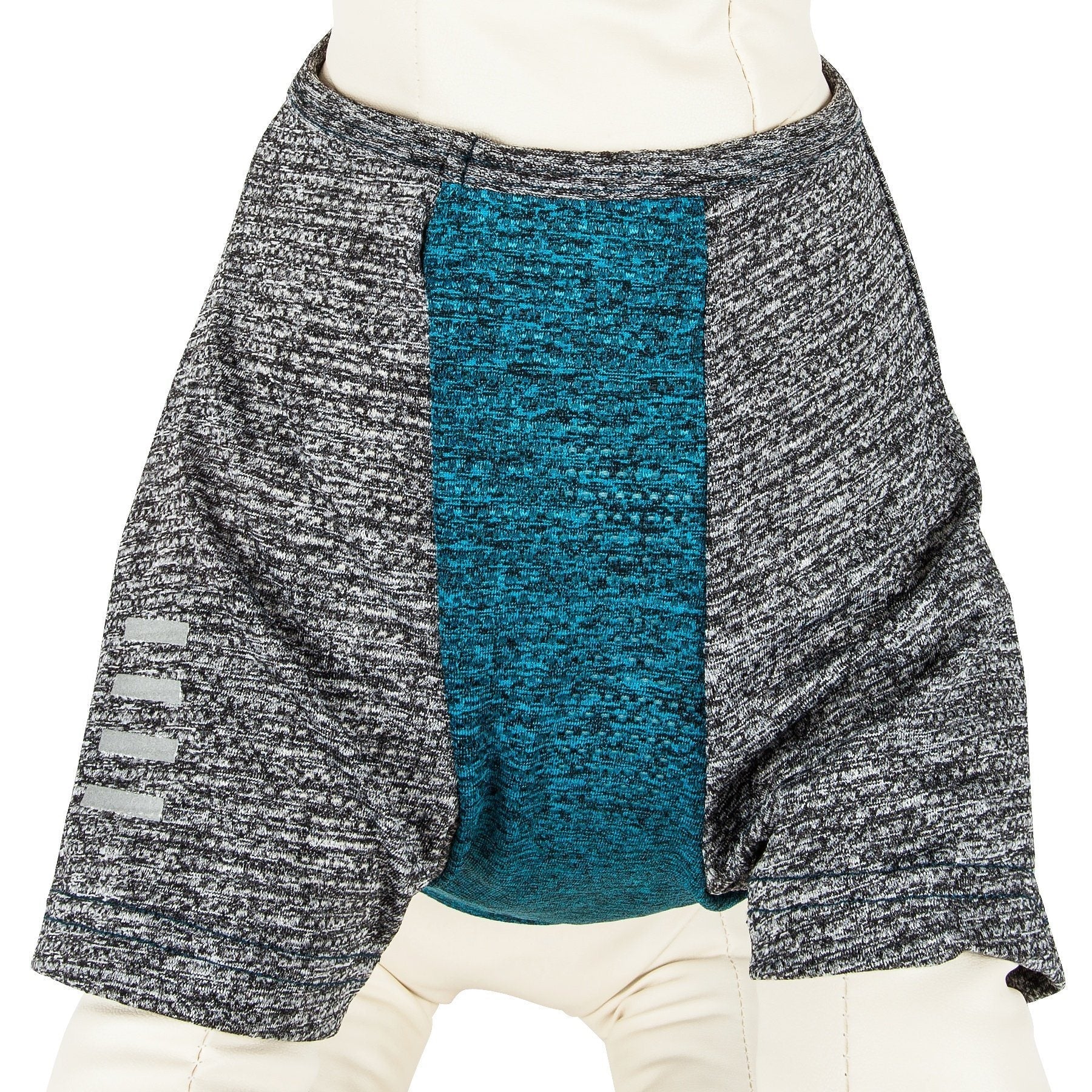 Dog fitness T-shirt, teal heather center with heather gray sleeves and striped graphic