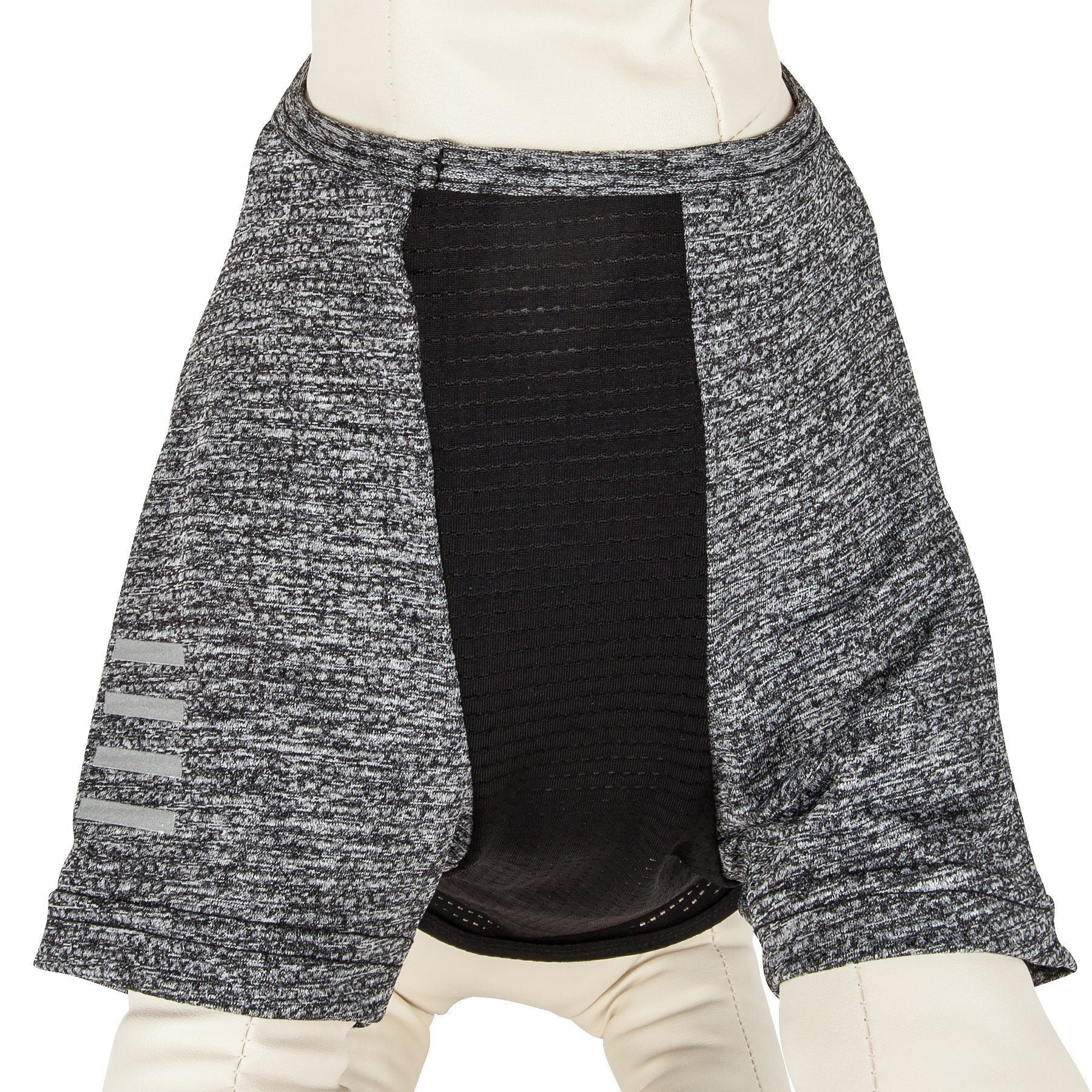 Gray and black heather dog fitness T-shirt with striped sleeve accents, split panel design