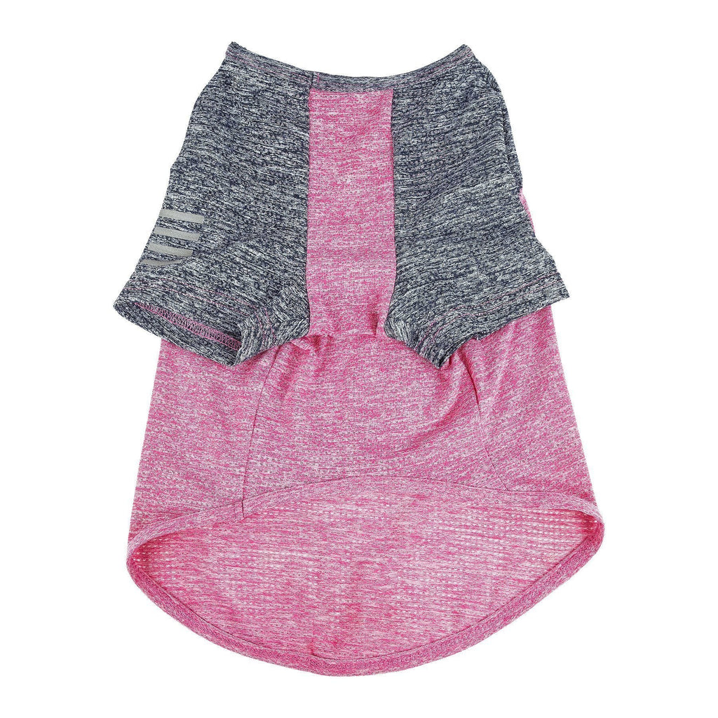 Dog stretch T-shirt, pink heather with navy sleeves and open-back cutout