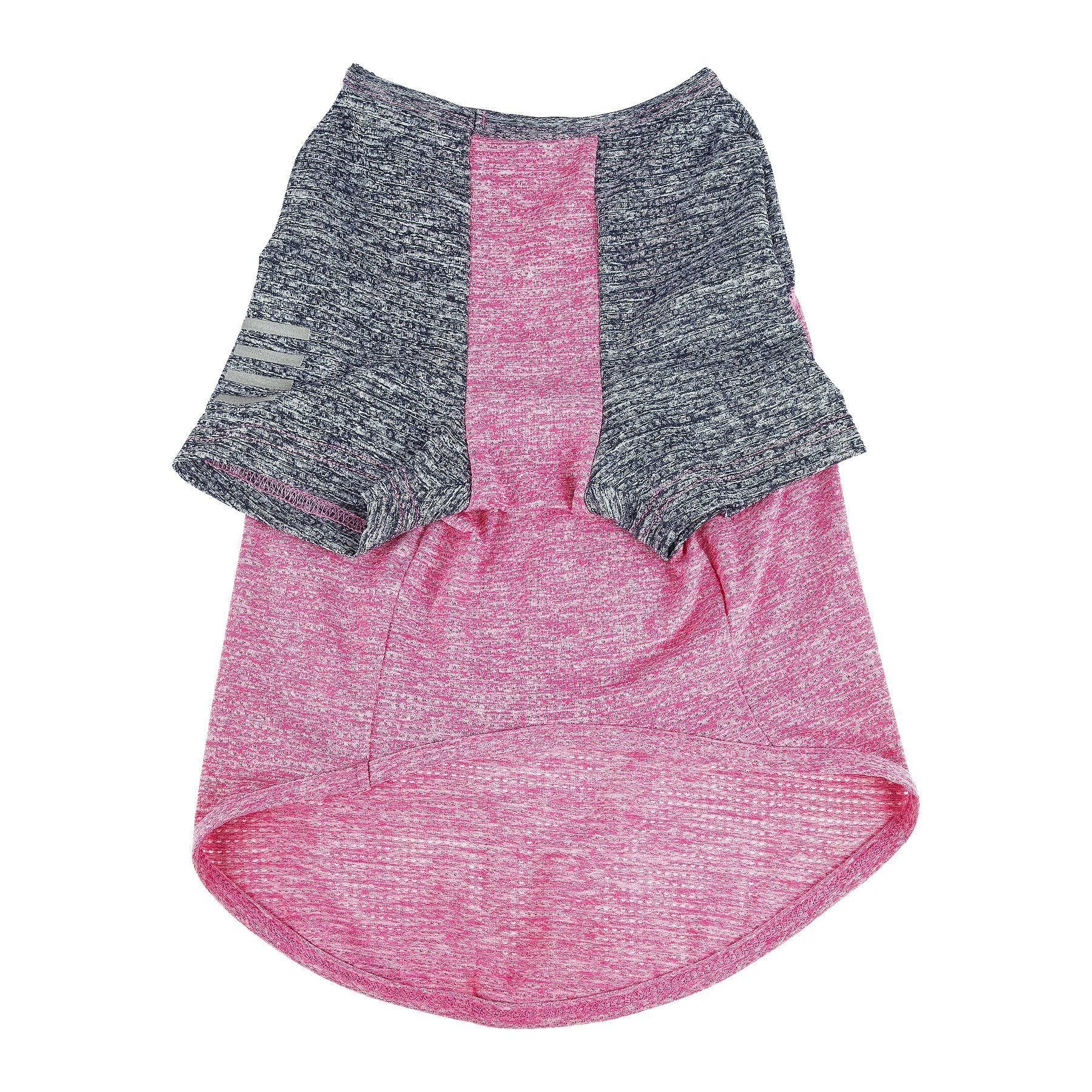 Dog stretch T-shirt, pink heather with navy sleeves and open-back cutout