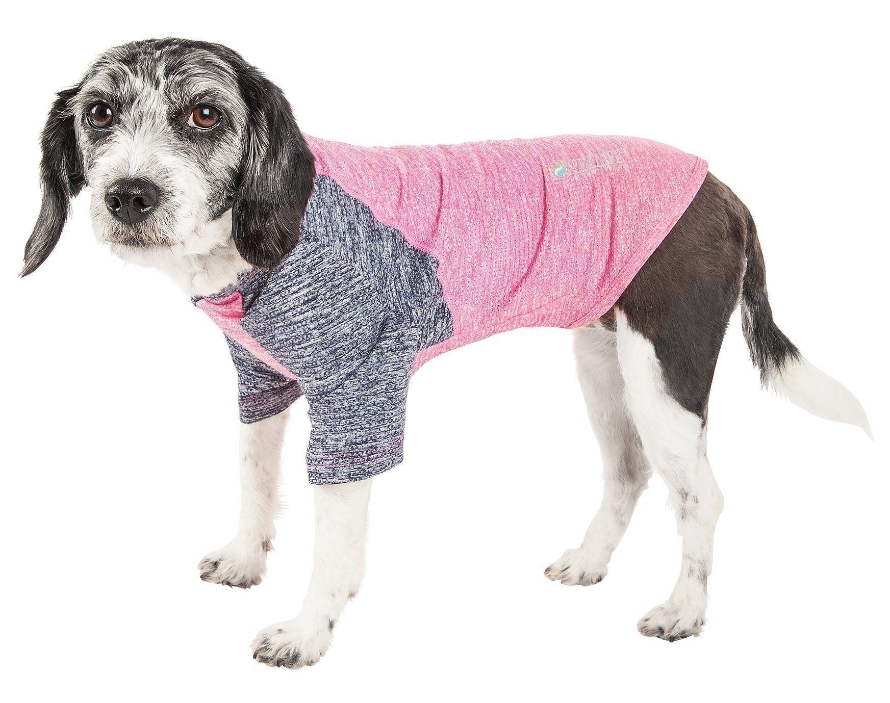 Pink and gray dog fitness T-shirt, 4-way stretch, short sleeves, crew neck
