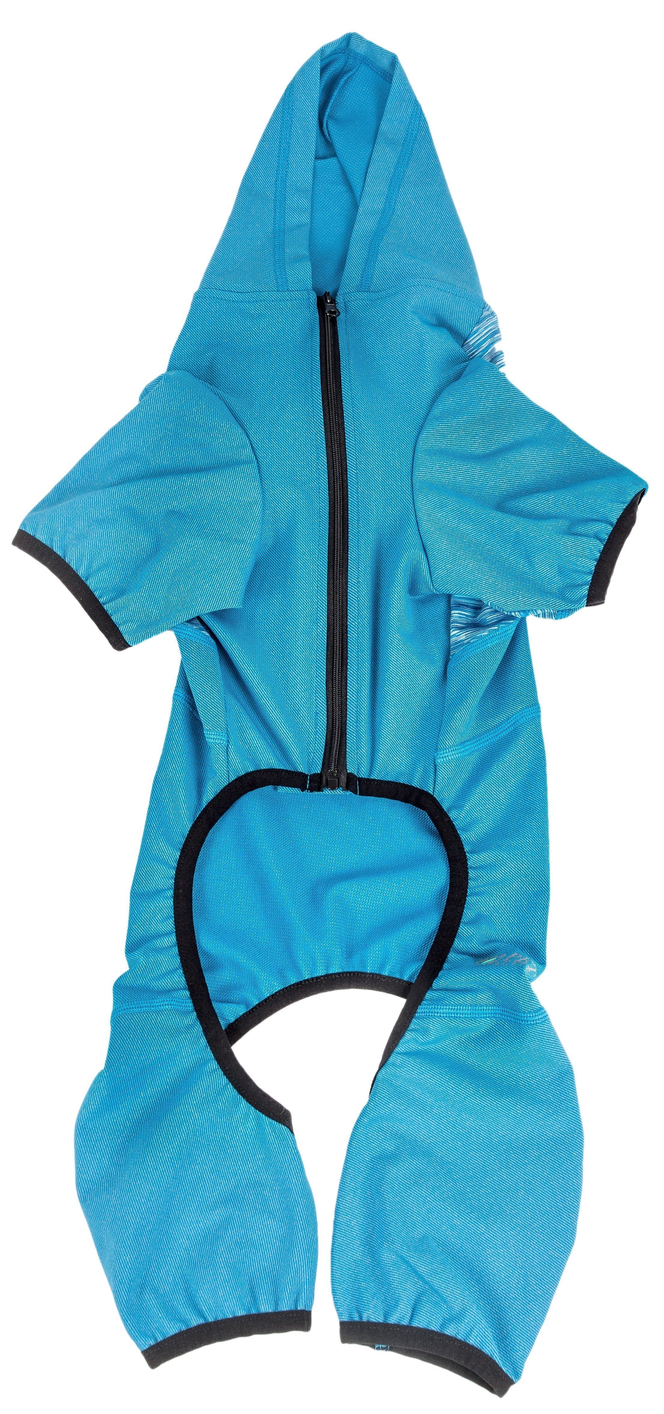 Blue dog hoodie tracksuit with zipper and black-trim back opening