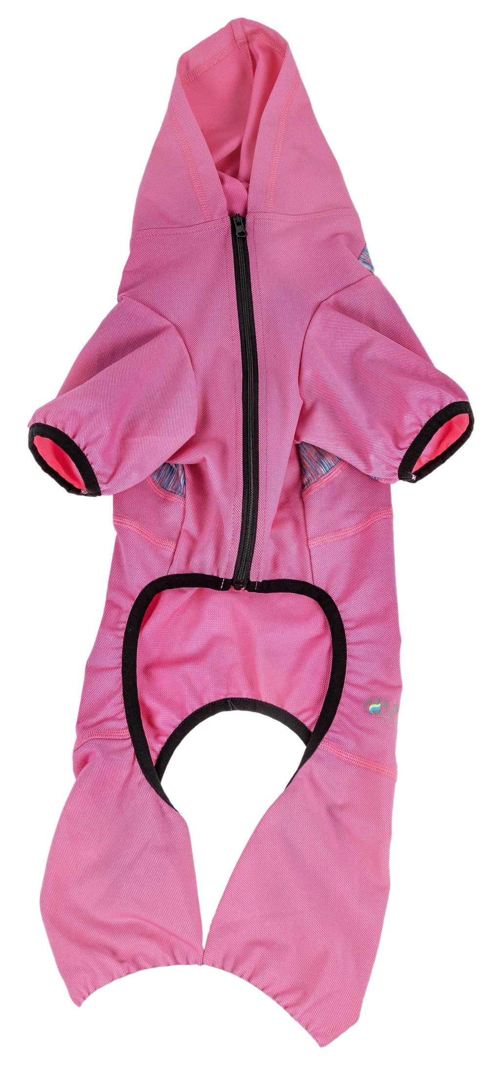 Pink dog hoodie tracksuit with front zipper and black-trim back opening
