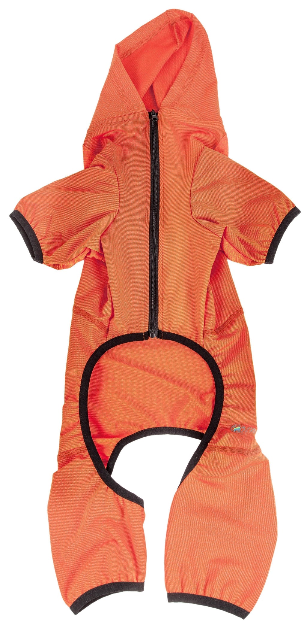Orange dog hoodie tracksuit with front zipper and black-trim back opening