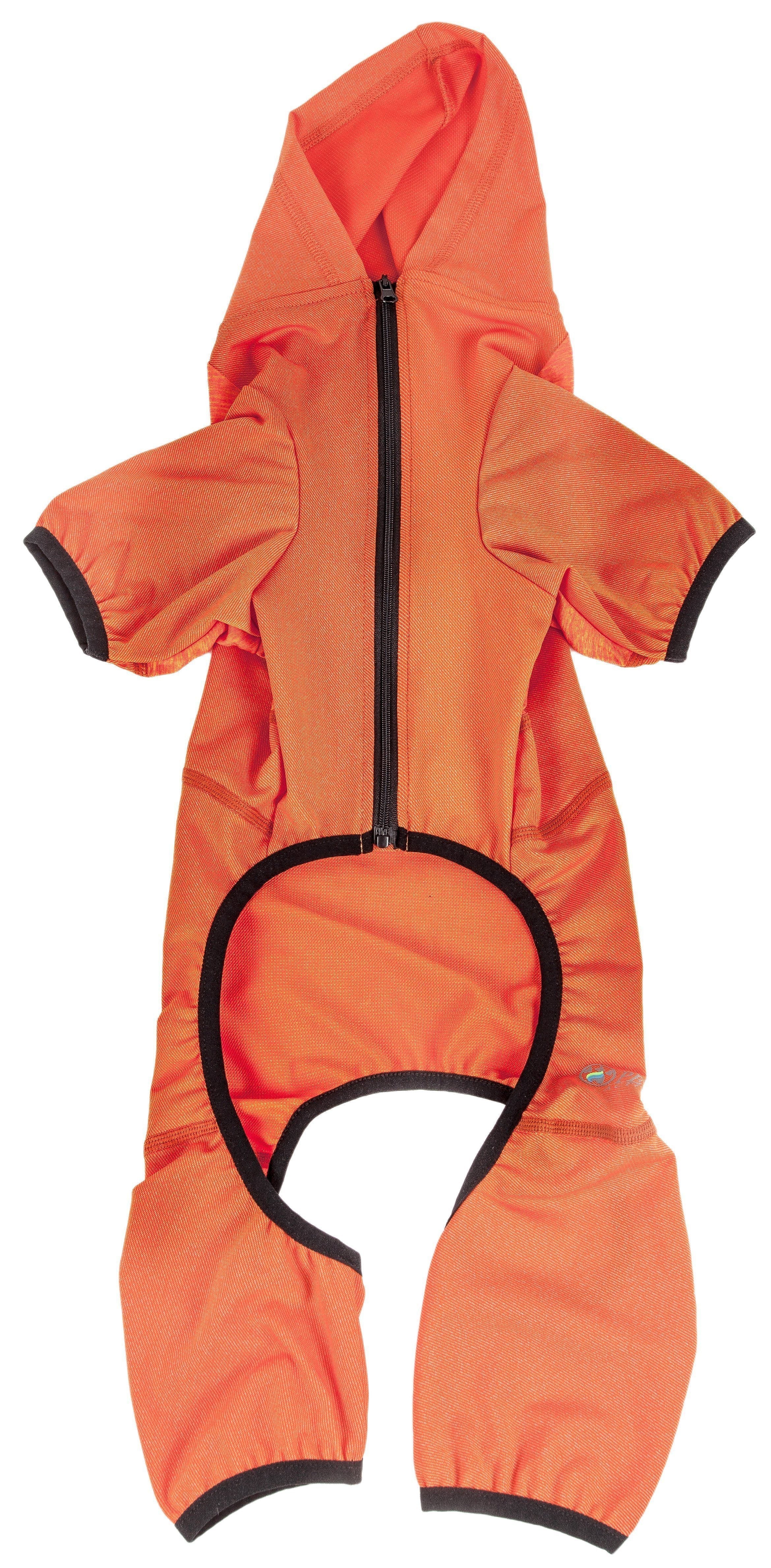 Orange dog hoodie tracksuit with front zipper and black-trim back opening