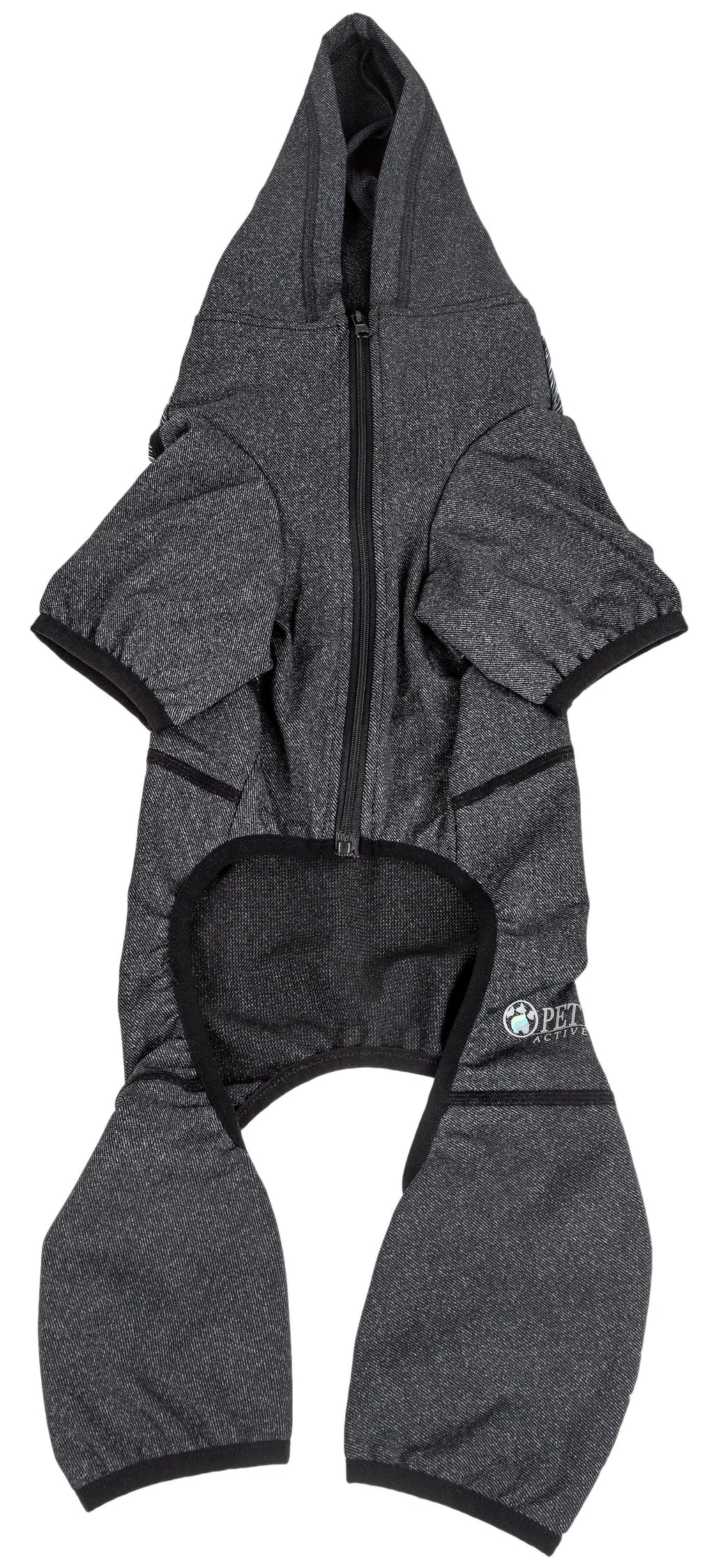 Dark gray dog hoodie tracksuit with zipper, hood, and black-trim back opening