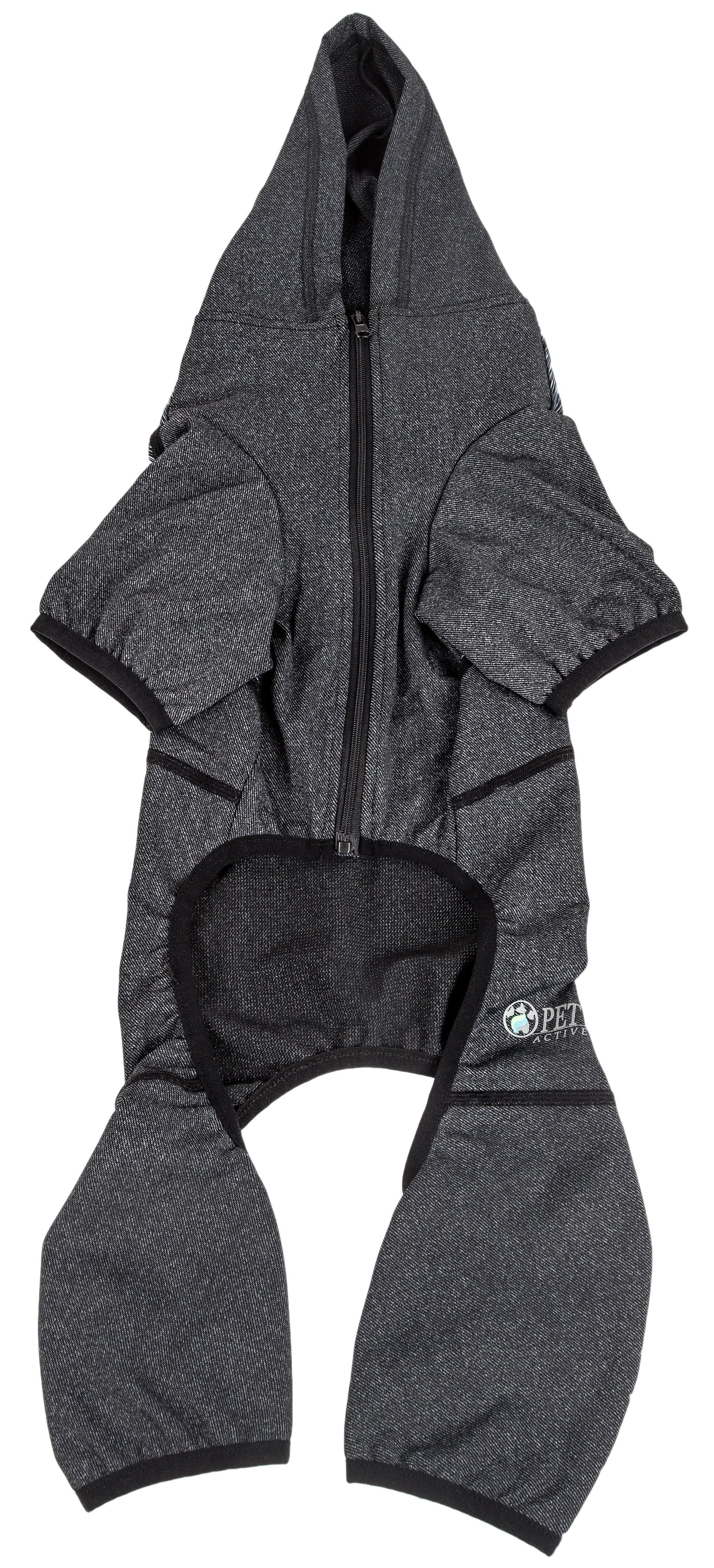 Dark gray dog hoodie tracksuit with zipper, hood, and black-trim back opening