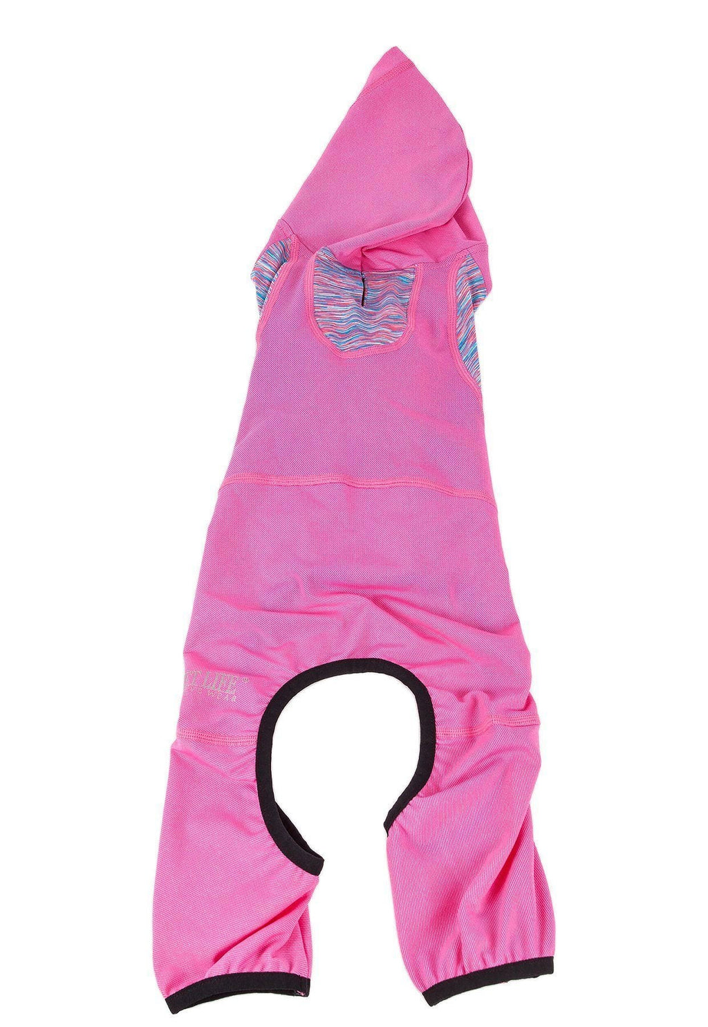 Pink dog hoodie tracksuit with hood and front pocket, black-trim leg openings
