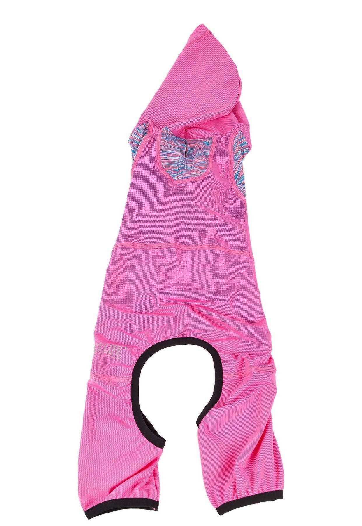 Pink dog hoodie tracksuit with hood and front pocket, black-trim leg openings
