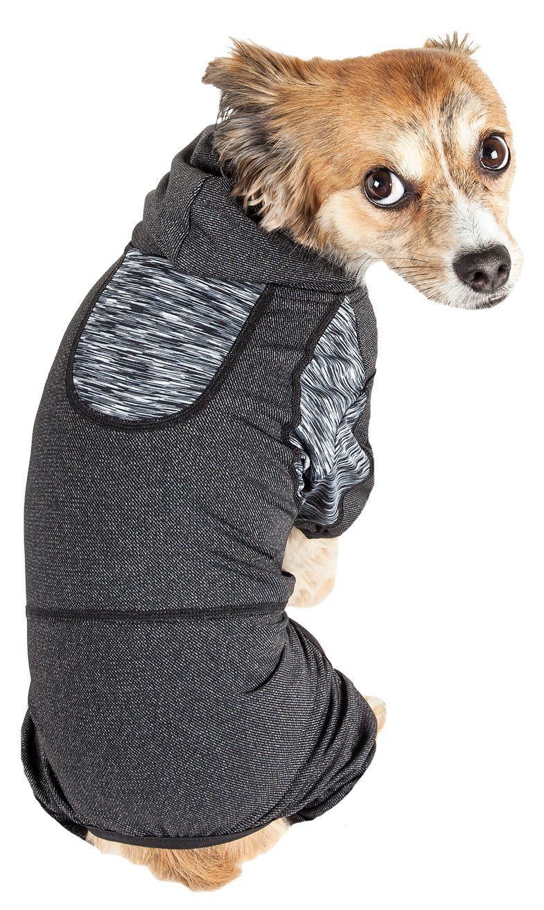 Black dog hoodie tracksuit viewed from side, showing hood opening and pocket detail