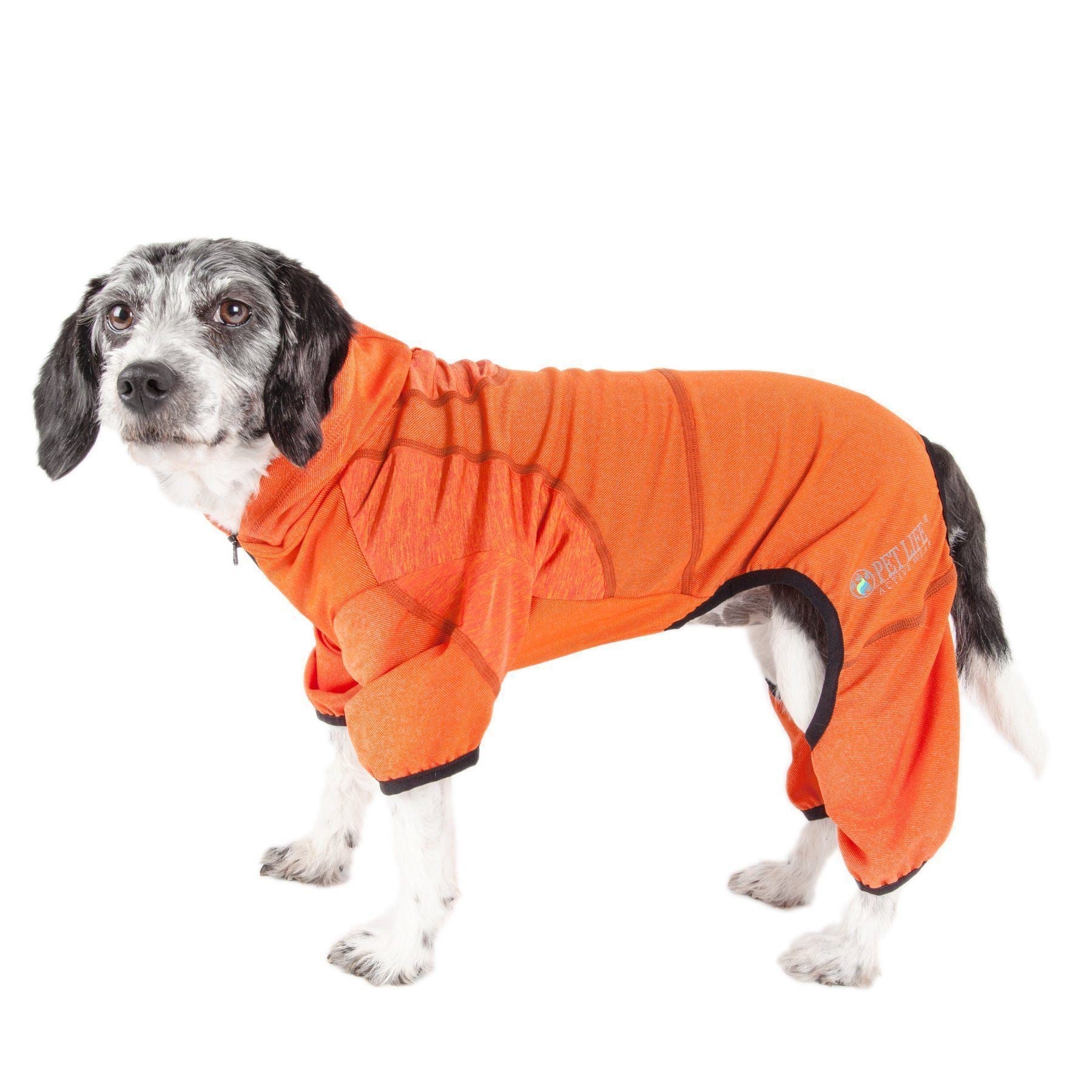 Orange dog yoga tracksuit hoodie with paw-cut arm openings and zip pull tab