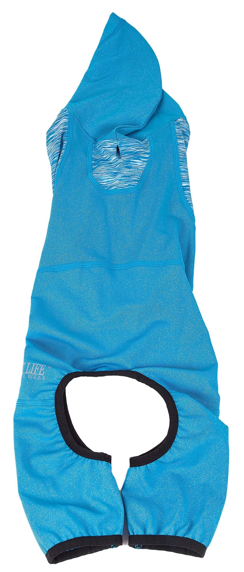 Blue dog hoodie tracksuit with hood and front pocket, black-trim back opening