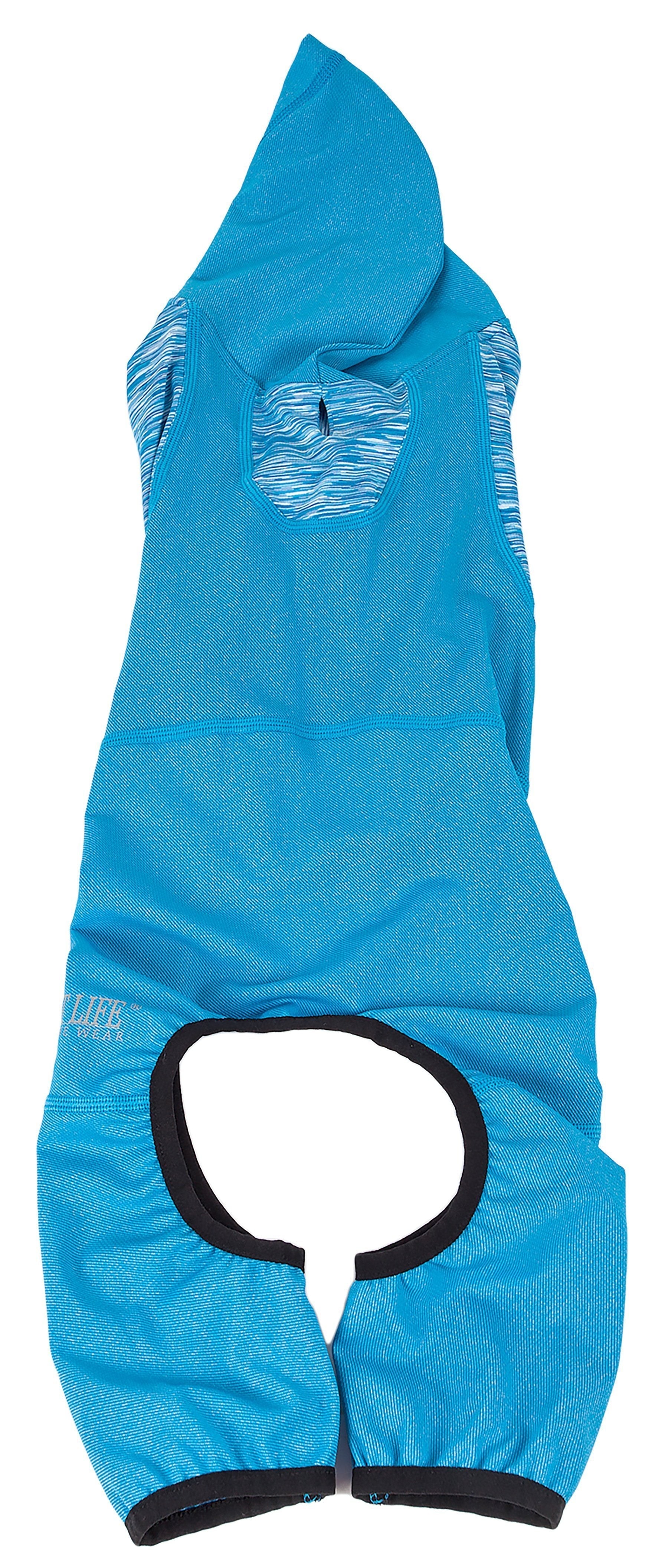 Blue dog hoodie tracksuit with hood and front pocket, black-trim back opening