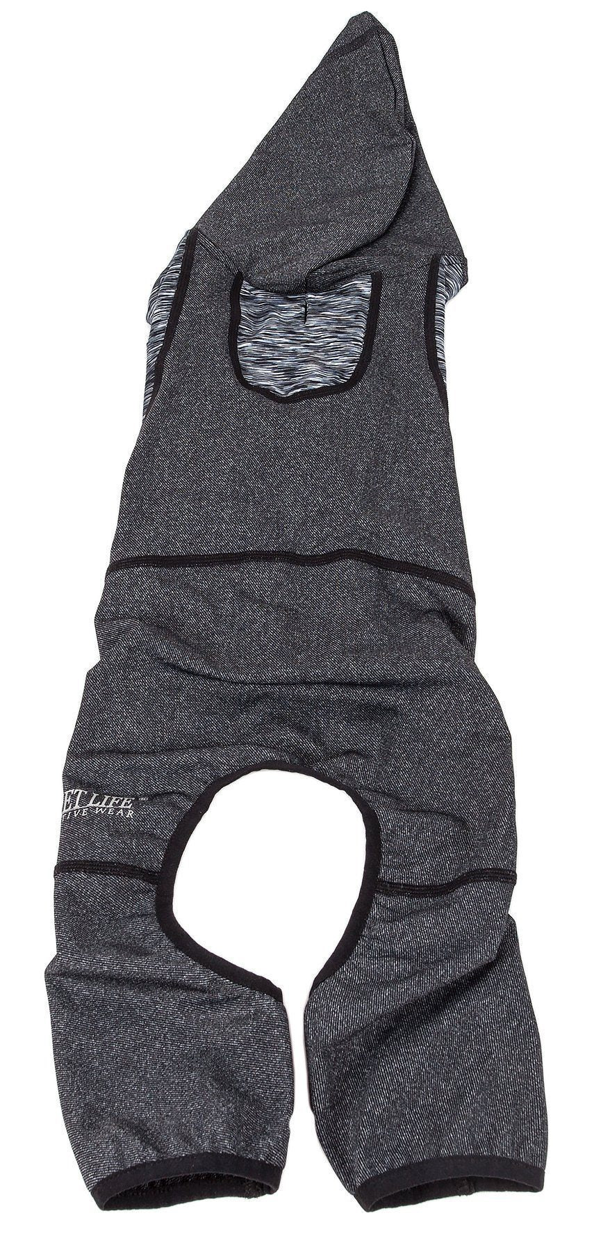Dark gray dog hoodie tracksuit with hood, front pocket, and black-trim back opening
