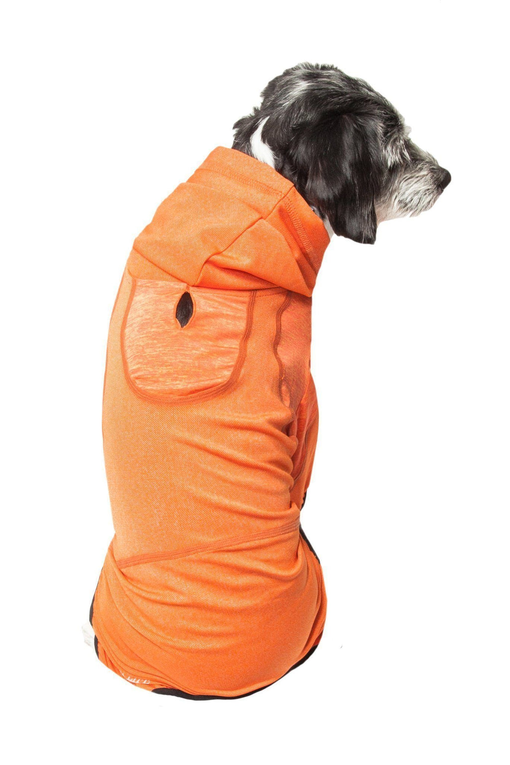 Orange dog hoodie tracksuit with hood, front pocket, and black-trim back opening