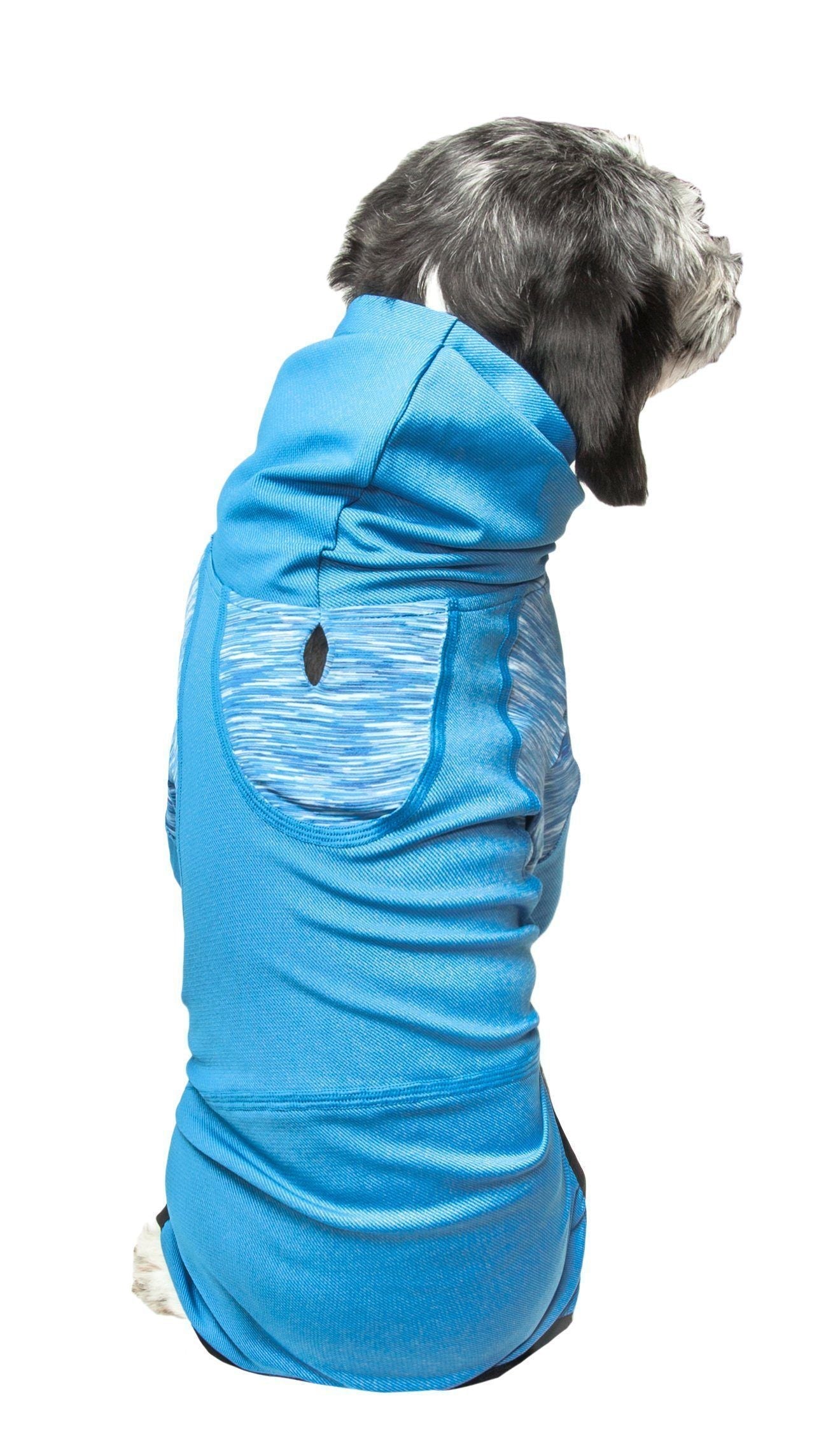 Blue dog hoodie tracksuit from behind, showing back panel and elastic leg openings