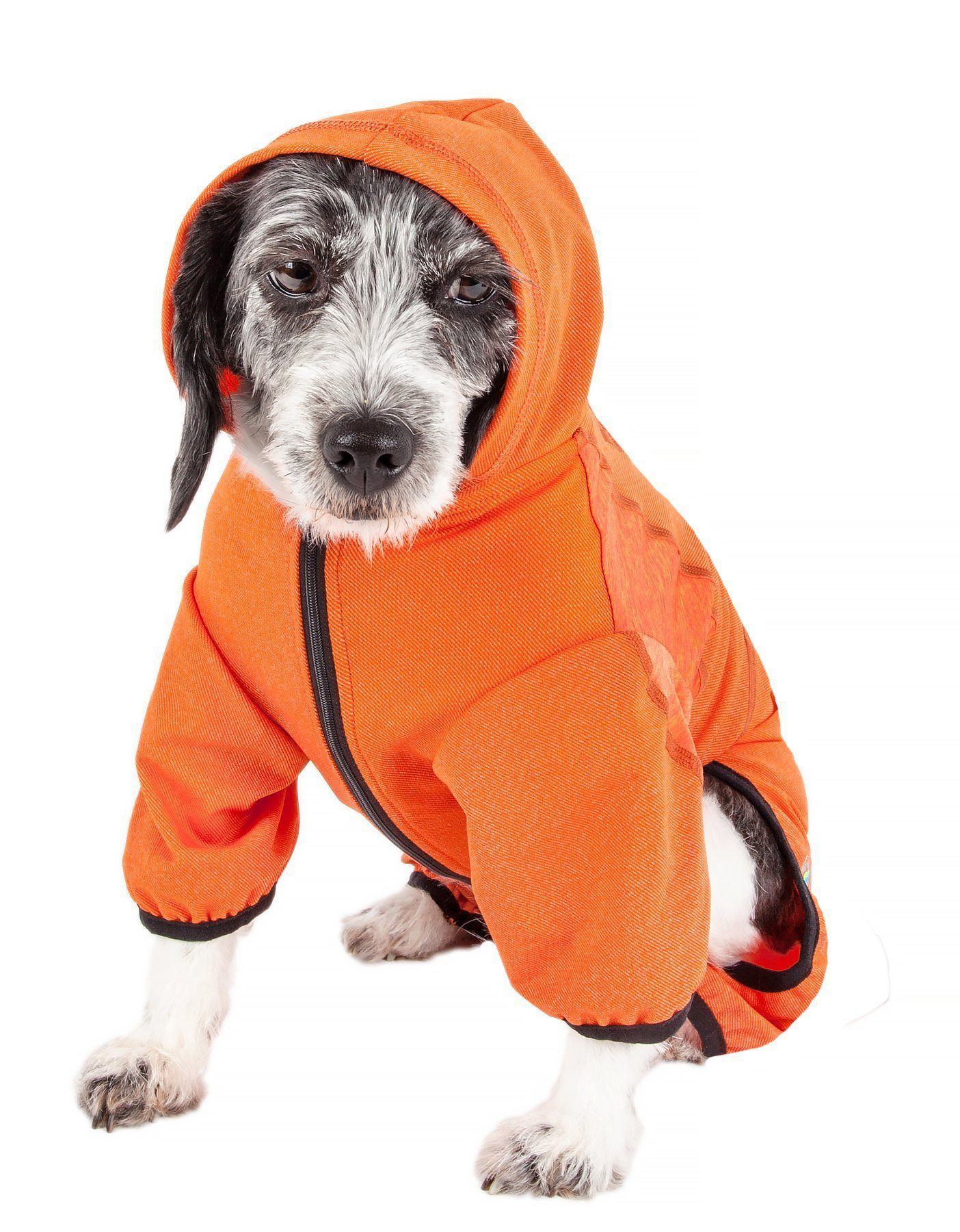 Orange dog yoga tracksuit hoodie with hood and black zipper trim