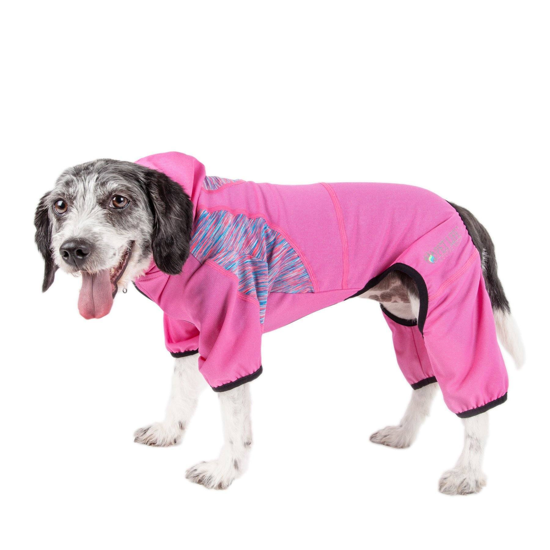 Pink dog yoga tracksuit hoodie with striped chest panel and elastic leg cuffs