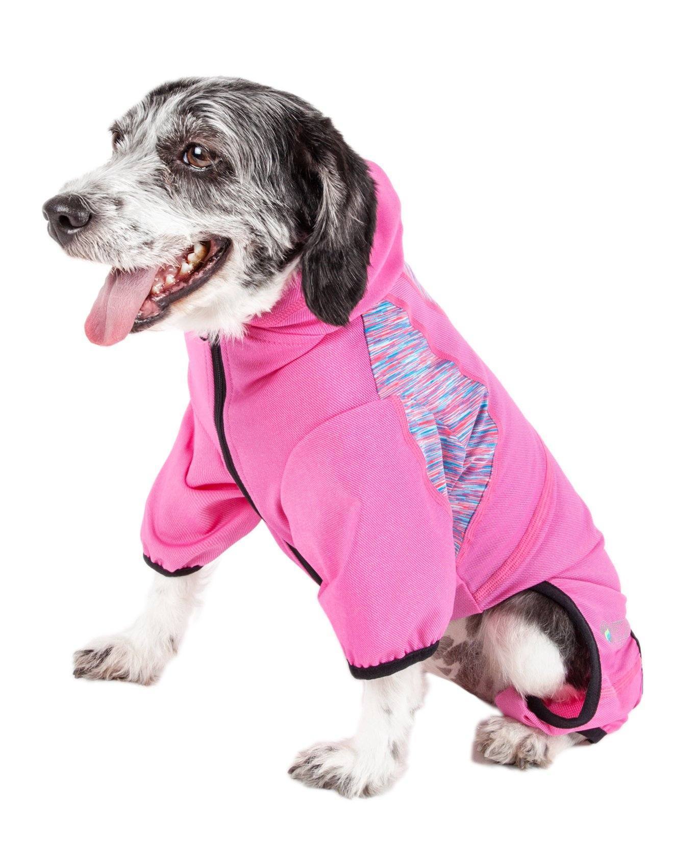 Pink dog yoga tracksuit hoodie with hood and black zipper trim