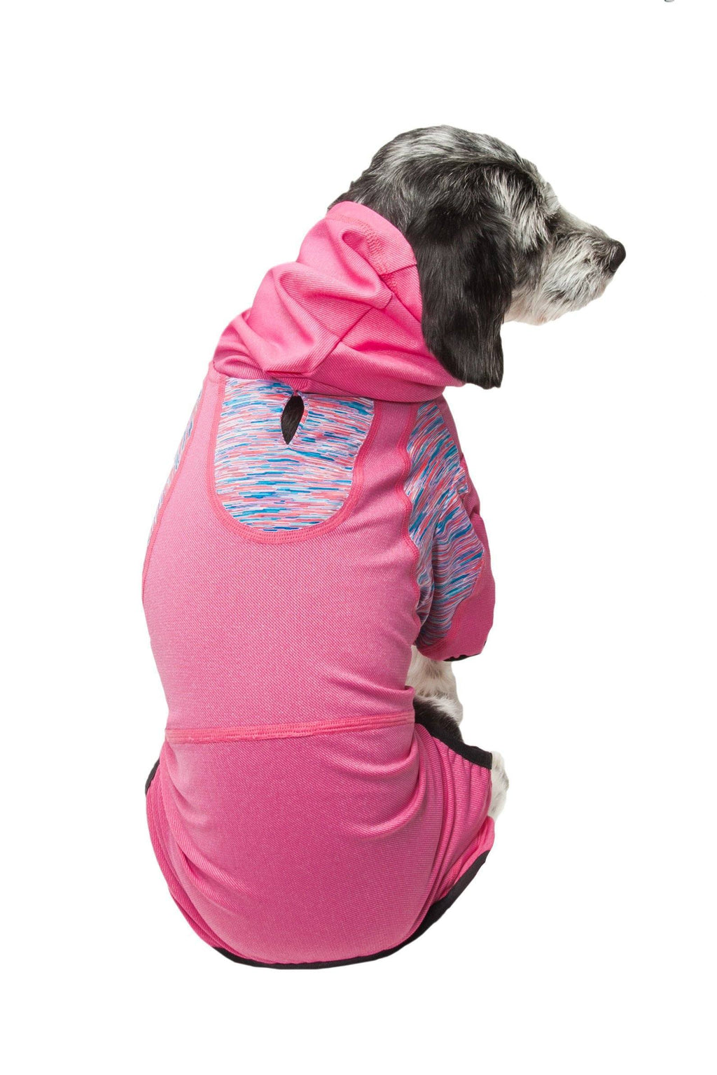 Pink dog hoodie tracksuit with hood, front pocket, and black-trim back opening