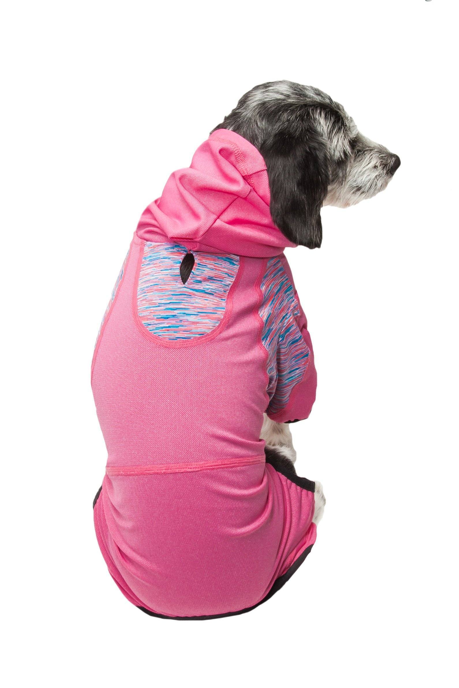 Pink dog hoodie tracksuit with hood, front pocket, and black-trim back opening