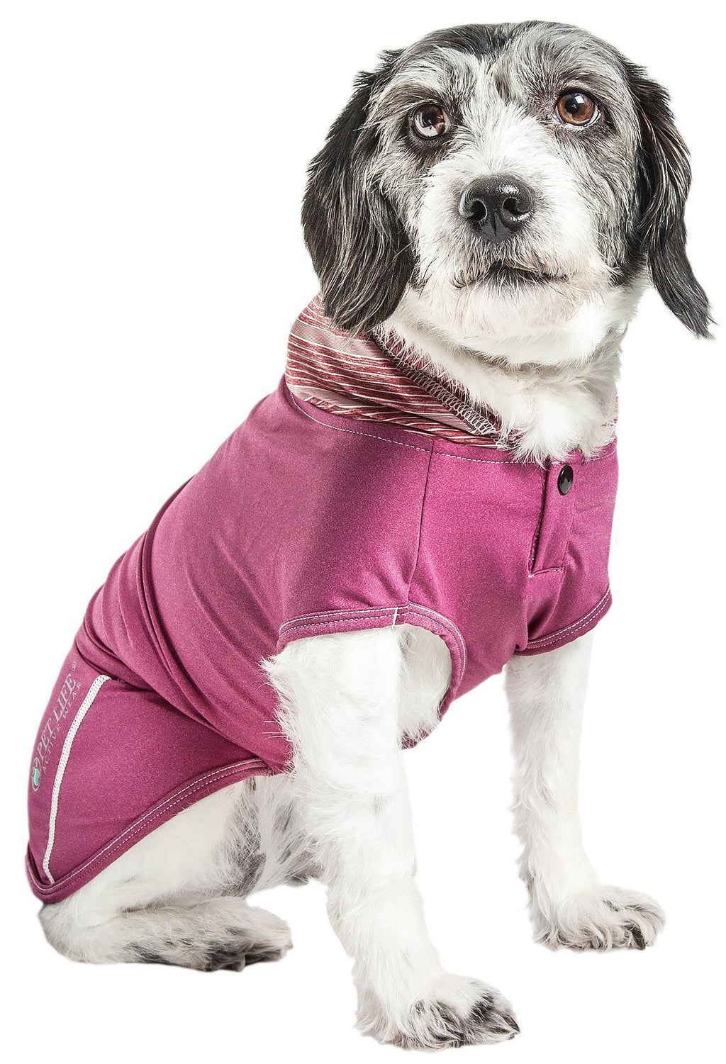 Burgundy sleeveless dog hoodie with striped hood lining and front snap closures