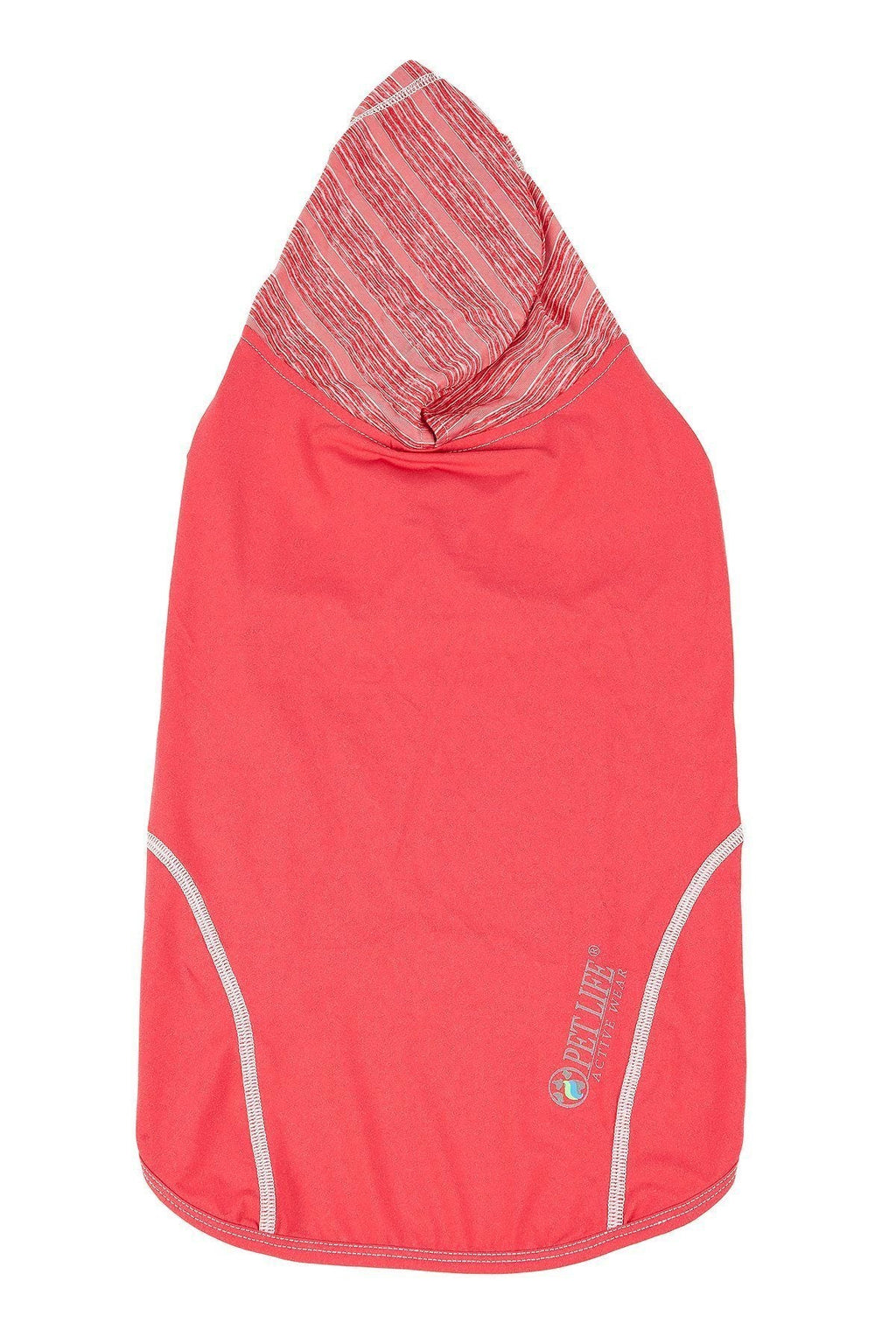 Red sleeveless dog pull-over hoodie with striped hood and white side piping
